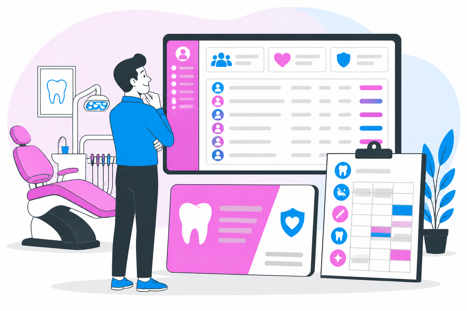 Illustration of dentist for uninsured california — business owner reviewing a membership plan dashboard, header image for "Affordable Dentist for Uninsured California? Find Yours!"