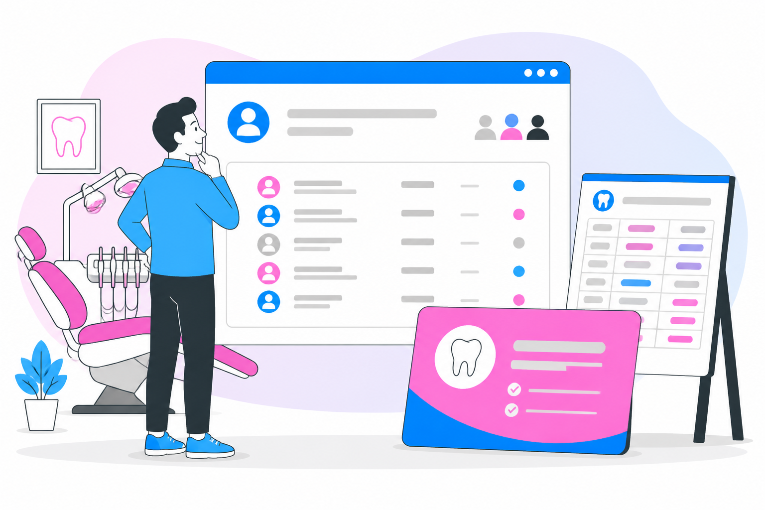 Illustration of dentist for uninsured florida — business owner reviewing a membership plan dashboard, header image for "Affordable Dentist for Uninsured Florida? Yes!"