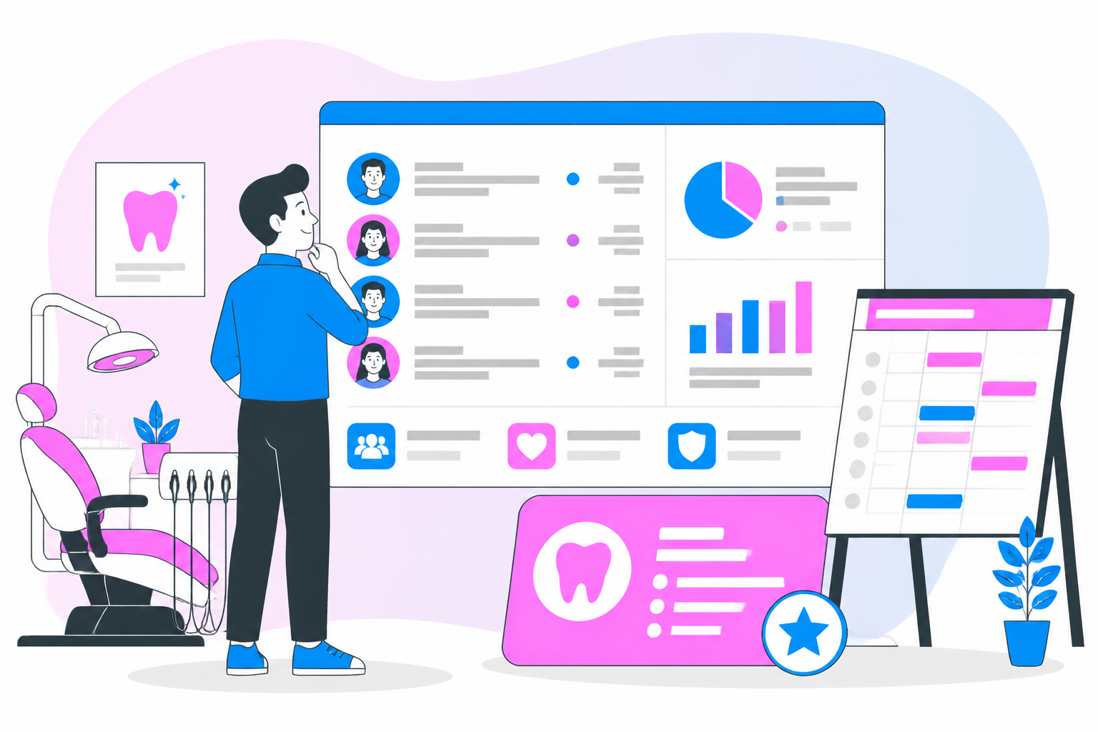 Illustration of dentist for uninsured in arlington tx — business owner reviewing a membership plan dashboard, header image for "Affordable Dentist for Uninsured in Arlington TX?"