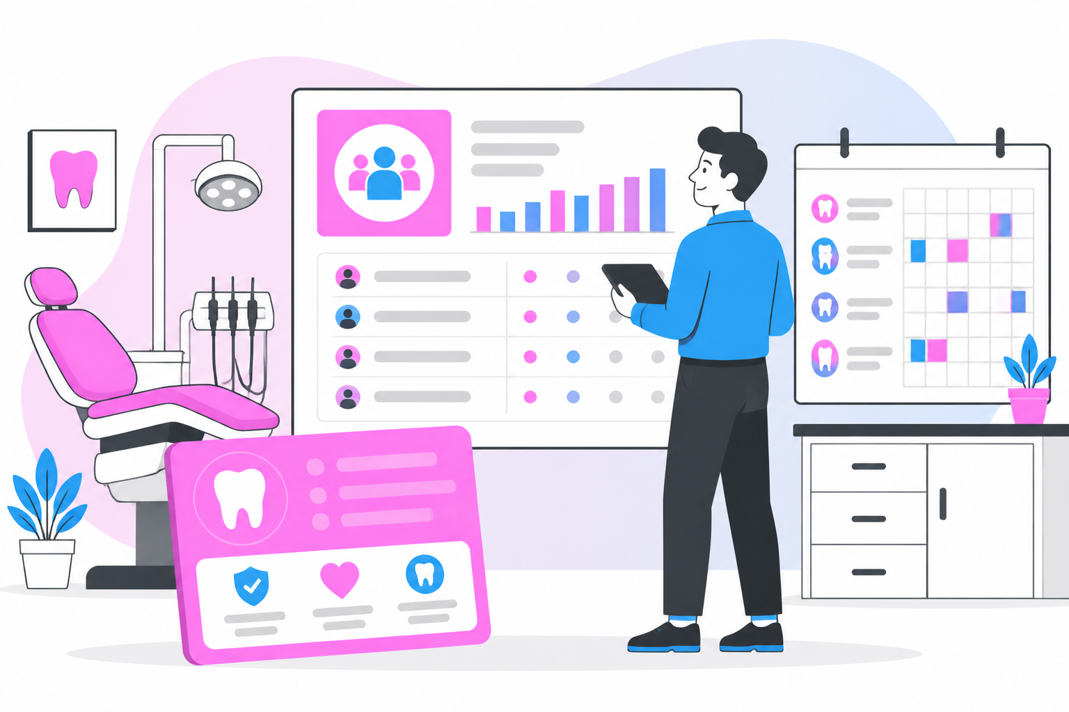 Illustration of dentist for uninsured in baltimore md — business owner reviewing a membership plan dashboard, header image for "Affordable Dentist for Uninsured in Baltimore MD"