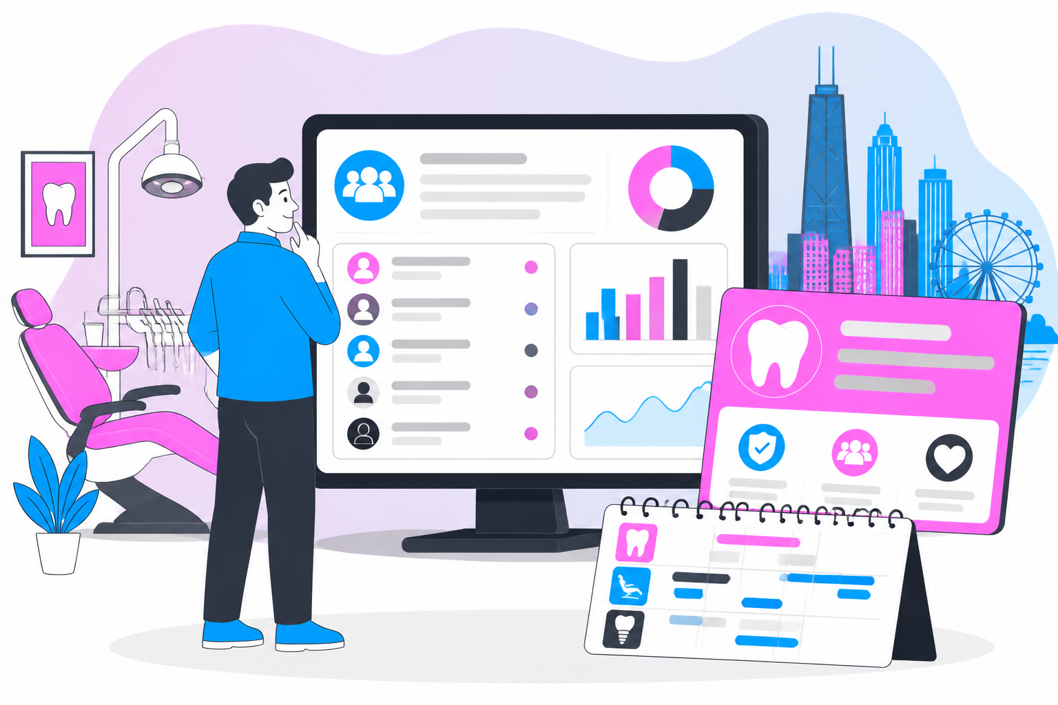 Illustration of dentist for uninsured in chicago il — business owner reviewing a membership plan dashboard, header image for "Affordable Dentist for Uninsured in Chicago IL?"