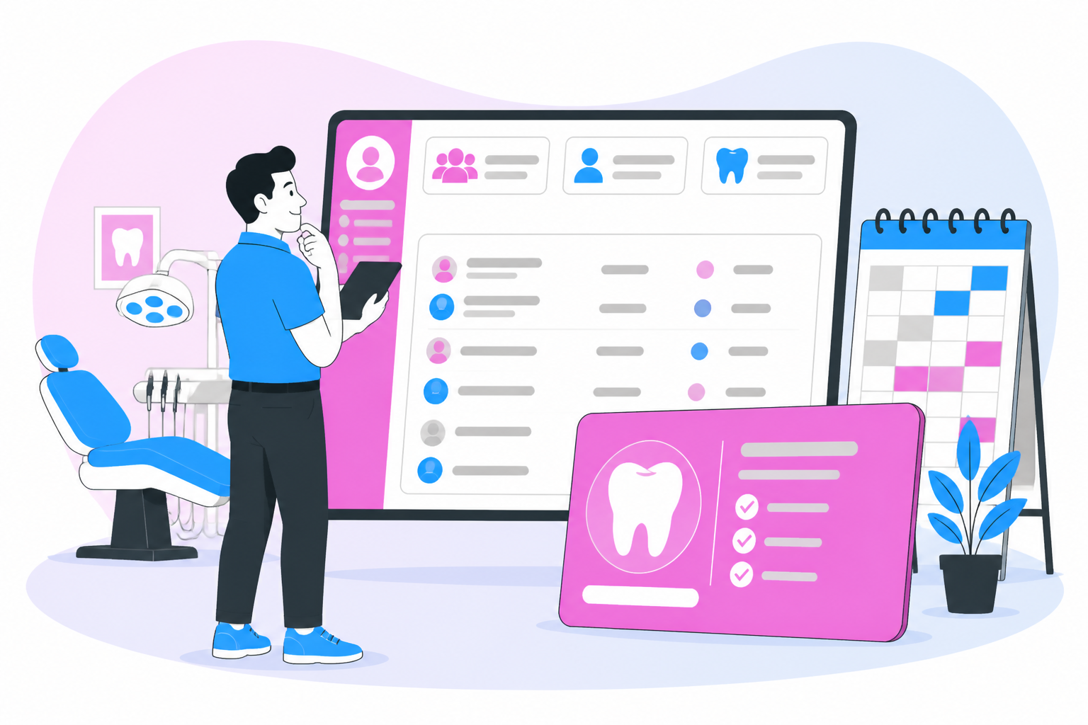 Illustration of dentist for uninsured in houston tx — business owner reviewing a membership plan dashboard, header image for "Affordable Dentist for Uninsured in Houston TX"