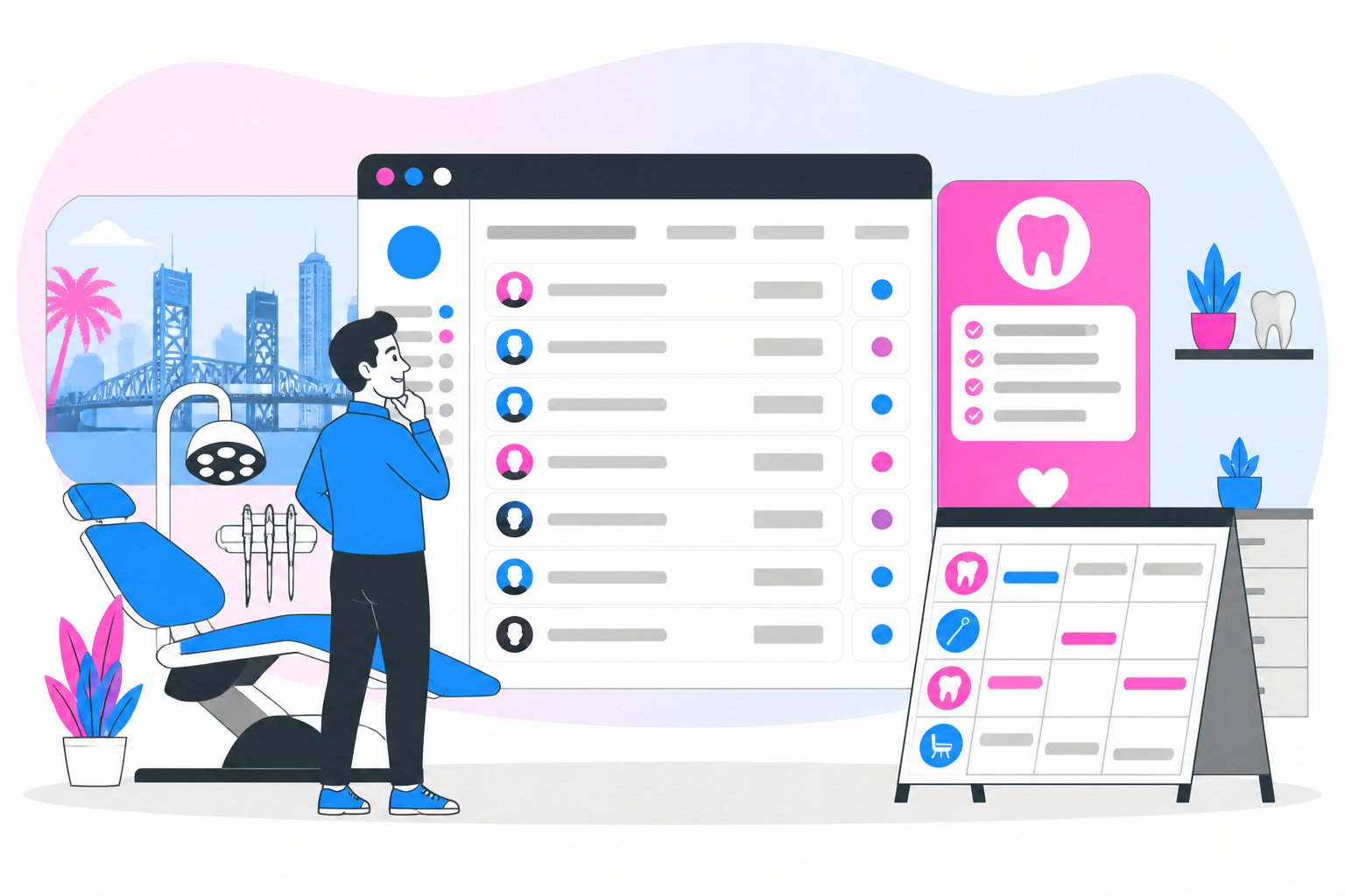 Illustration of dentist for uninsured in jacksonville fl — business owner reviewing a membership plan dashboard, header image for "Affordable Dentist for Uninsured in Jacksonville FL!"