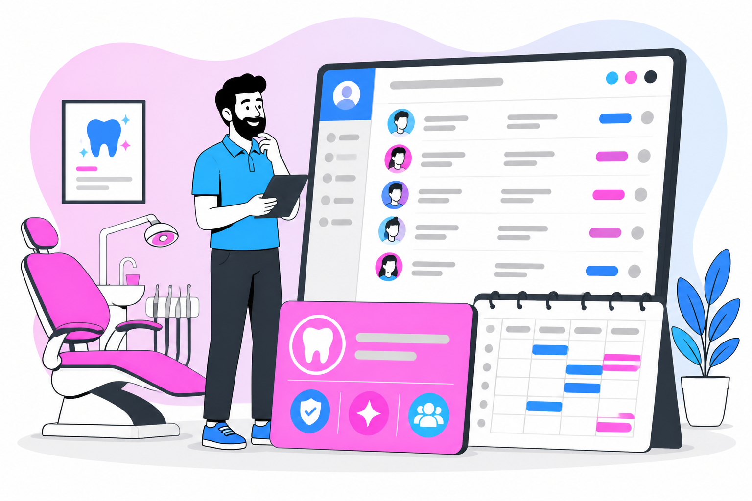 Illustration of dentist for uninsured in memphis tn — business owner reviewing a membership plan dashboard, header image for "Affordable Dentist for Uninsured in Memphis TN? Yes!"