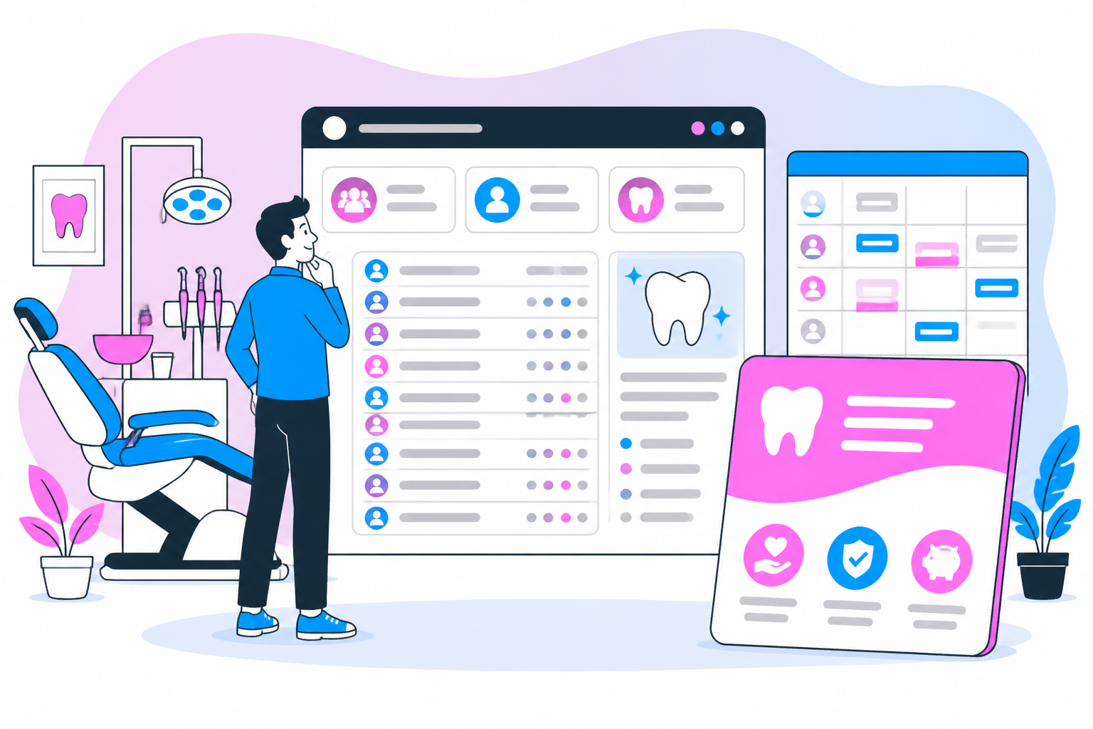 Illustration of dentist for uninsured in minneapolis mn — business owner reviewing a membership plan dashboard, header image for "How to Find a Trusted Dentist for Uninsured in Minneapolis, MN"