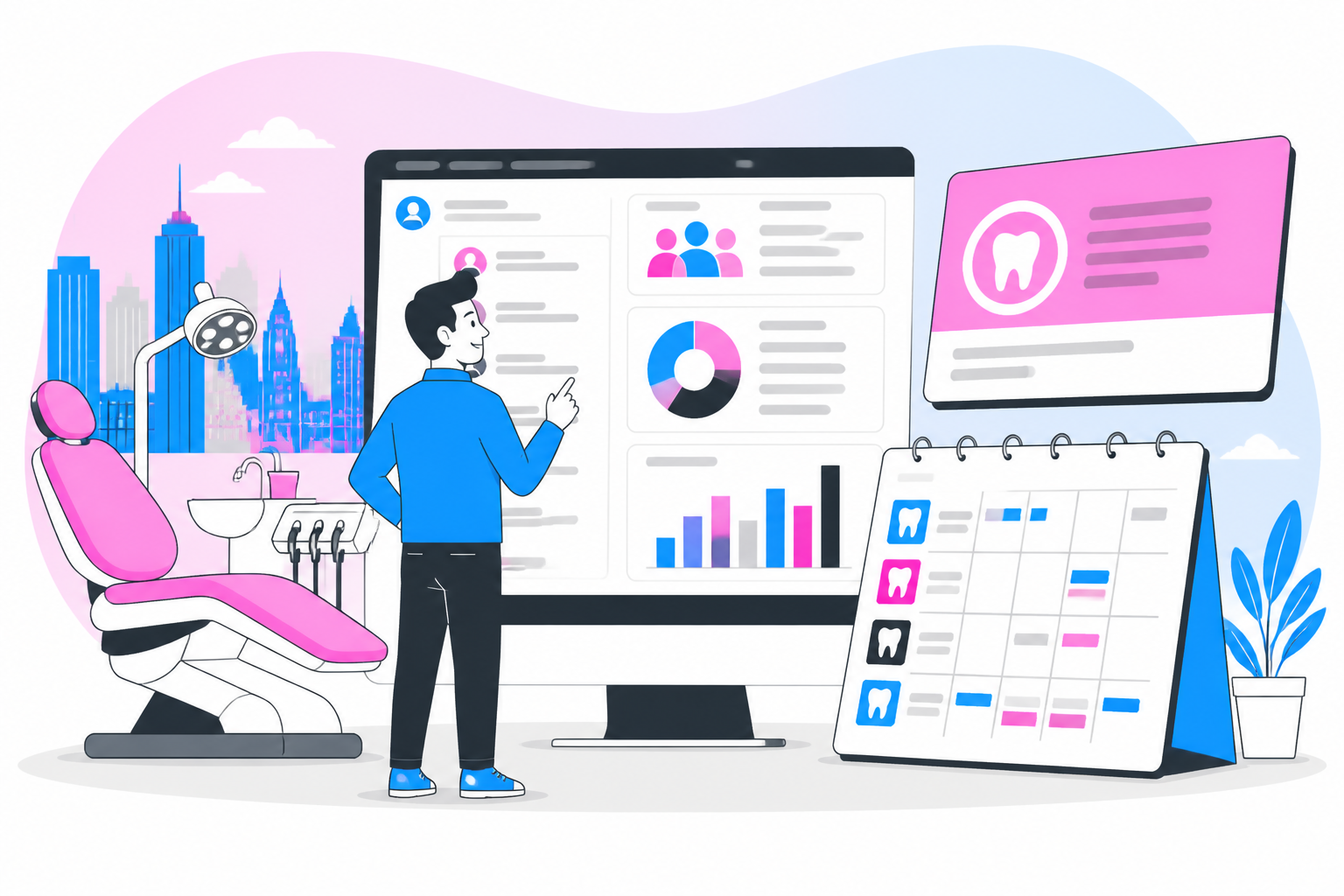 Illustration of dentist for uninsured in philadelphia pa — business owner reviewing a membership plan dashboard, header image for "Affordable Dentist for Uninsured in Philadelphia PA? YES!"