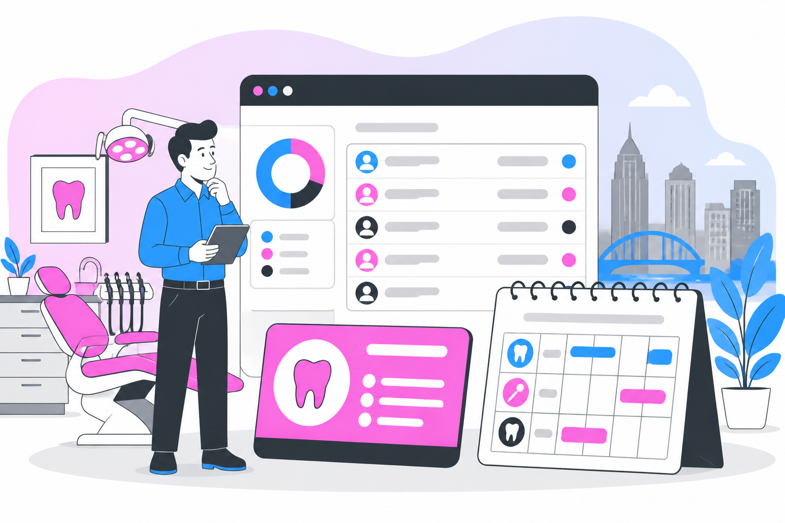 Illustration of dentist for uninsured in pittsburgh pa — business owner reviewing a membership plan dashboard, header image for "Finding a Dentist for Uninsured in Pittsburgh PA: Your Guide to Affordable Care"