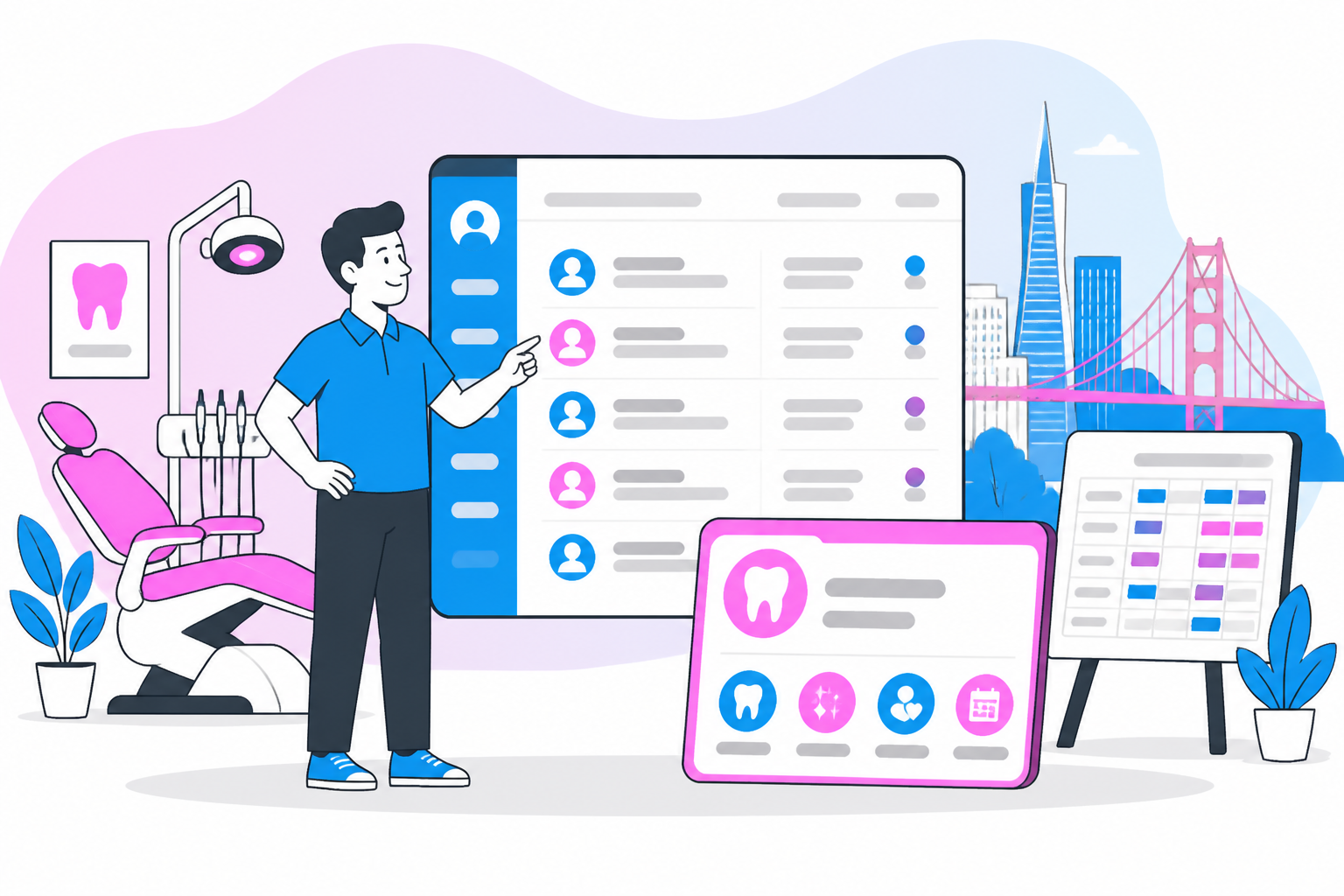 Illustration of dentist for uninsured in san francisco ca — business owner reviewing a membership plan dashboard, header image for "Affordable Dentist for Uninsured in San Francisco CA?"