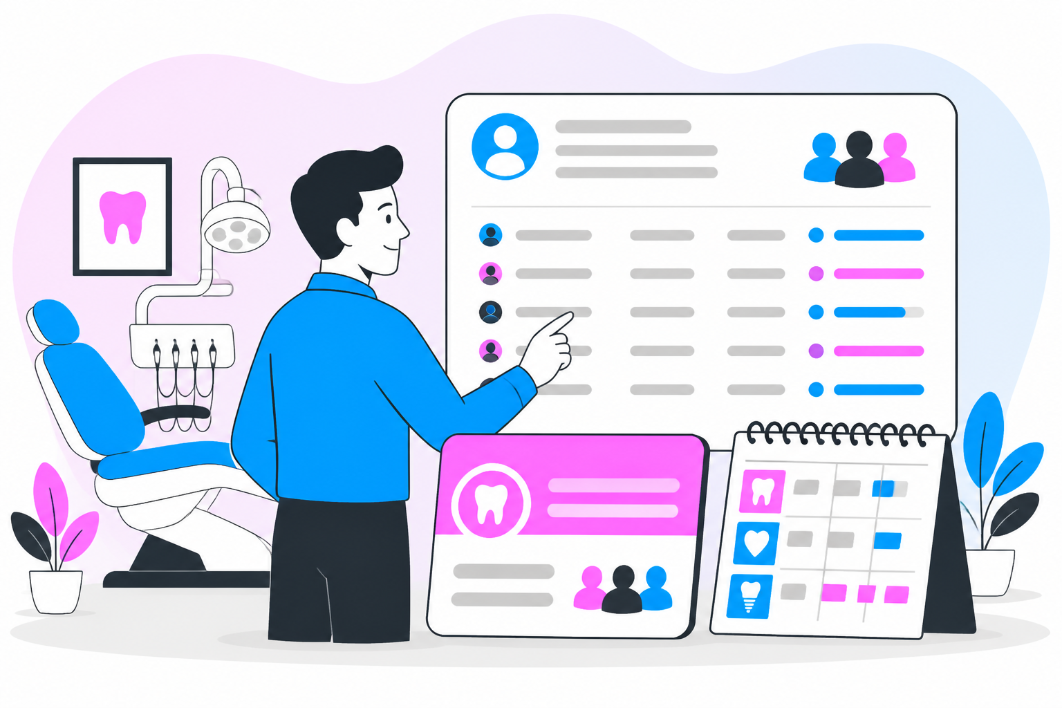 Illustration of dentist for uninsured iowa — business owner reviewing a membership plan dashboard, header image for "Find a Dentist for Uninsured Iowa Now!"