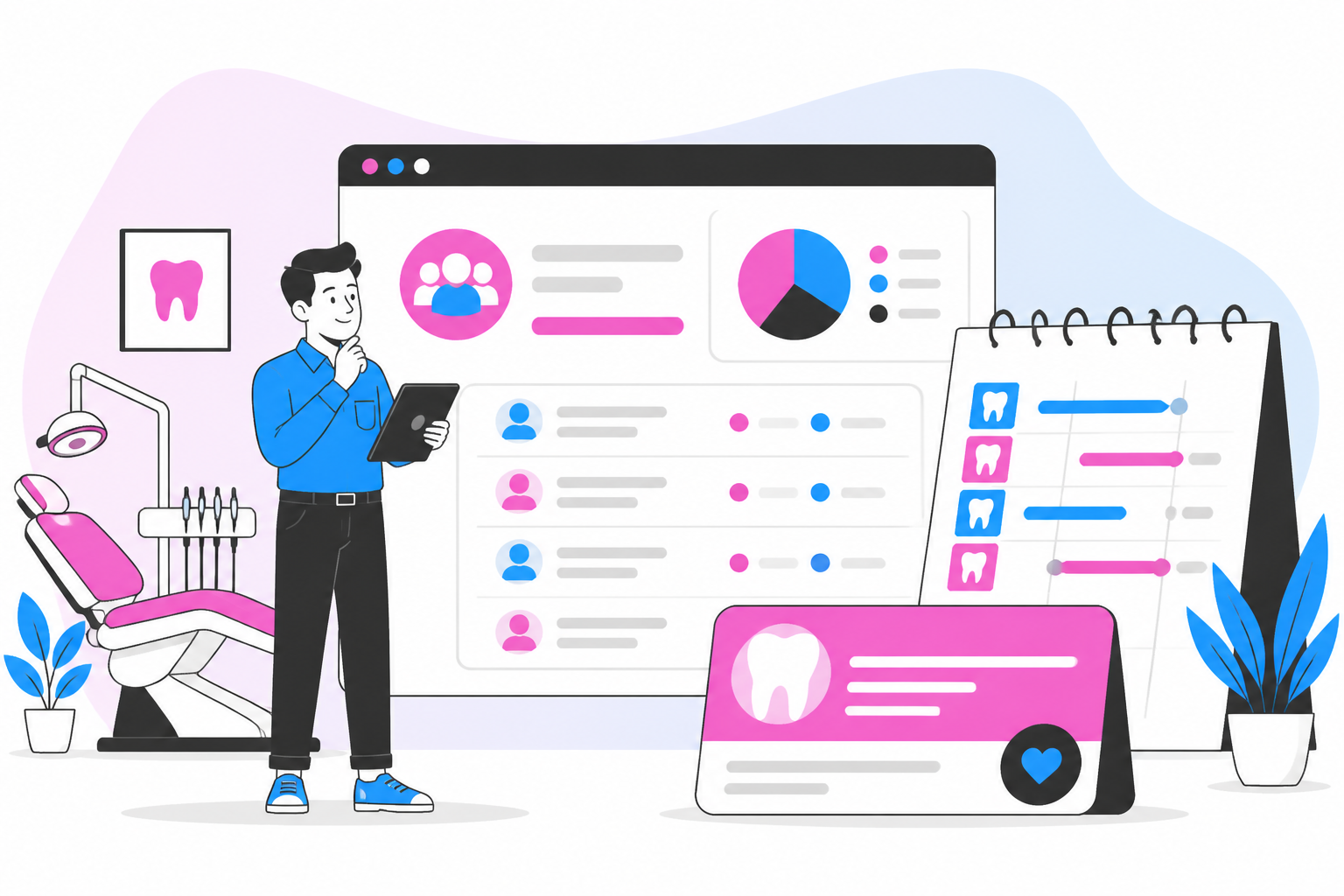 Illustration of dentist for uninsured kansas — business owner reviewing a membership plan dashboard, header image for "Finding a Great Dentist for Uninsured Kansas Patients: Your Guide to Affordable Care"