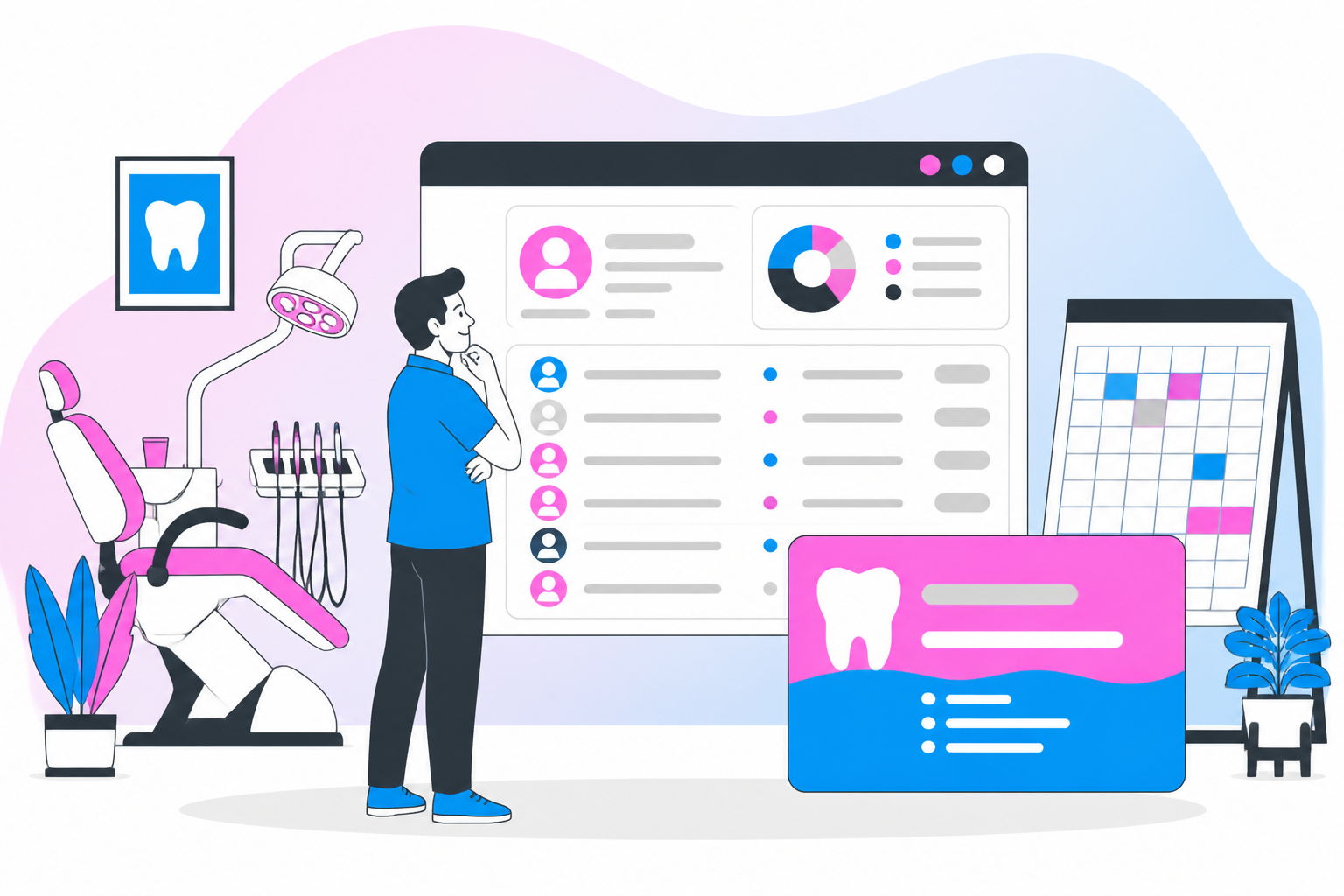 Illustration of dentist for uninsured kentucky — business owner reviewing a membership plan dashboard, header image for "Find a Dentist for Uninsured Kentucky NOW!"