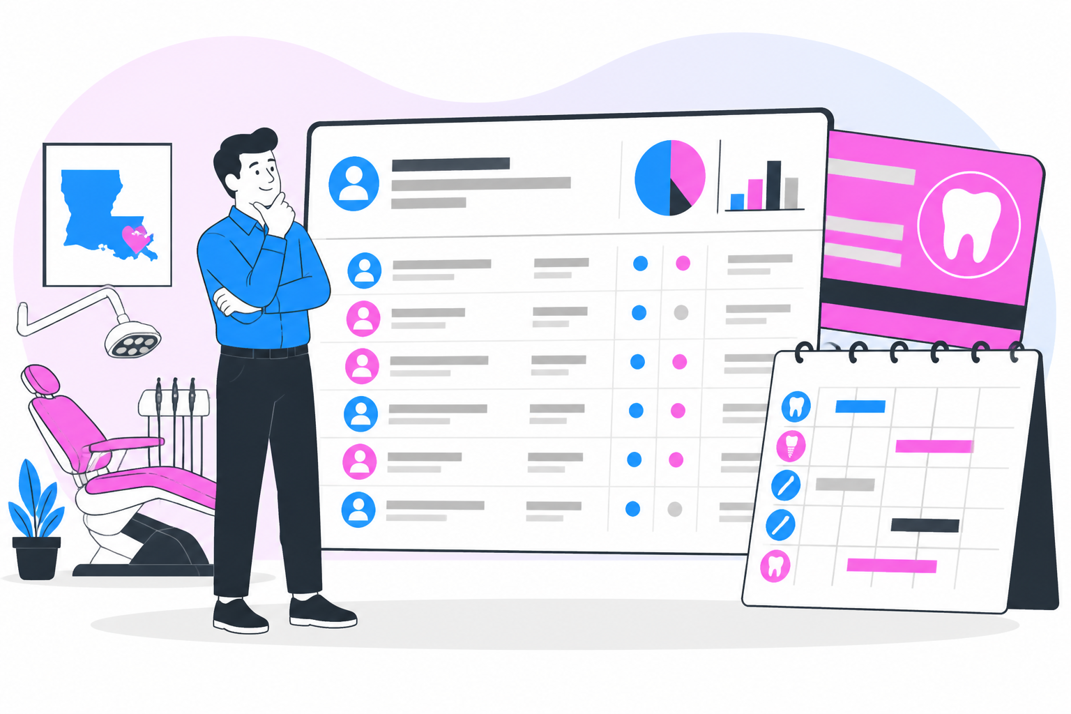 Illustration of dentist for uninsured louisiana — business owner reviewing a membership plan dashboard, header image for "Finding an Affordable Dentist for Uninsured Louisiana Residents: Your Complete Guide"