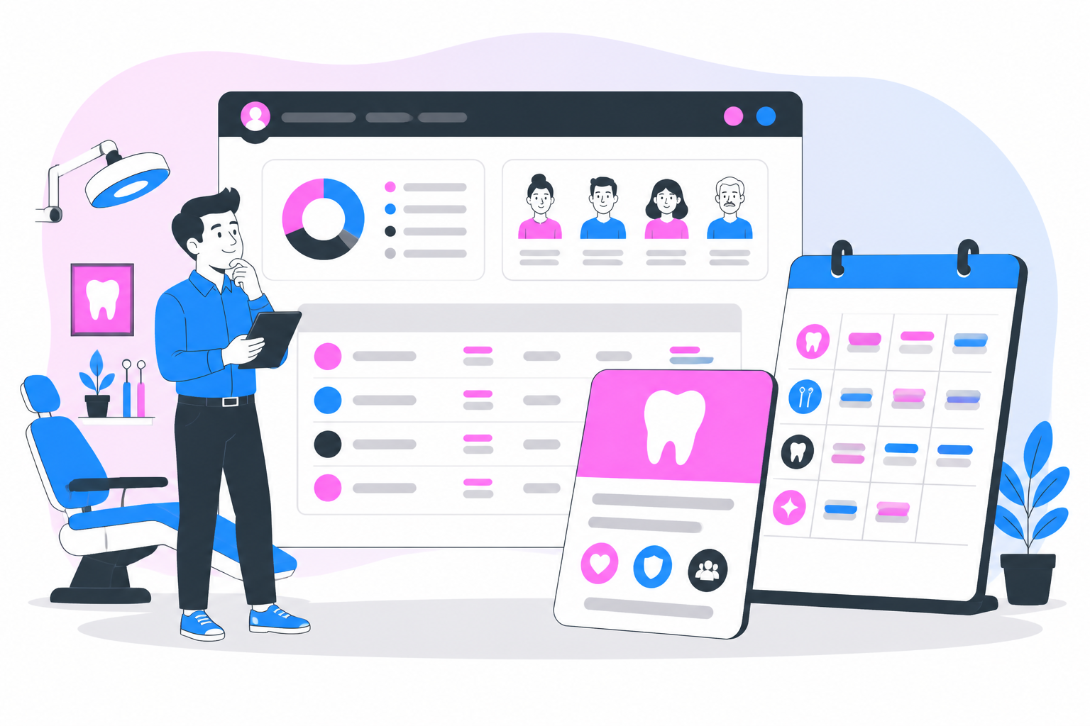 Illustration of dentist for uninsured maryland — business owner reviewing a membership plan dashboard, header image for "Affordable Dentist for Uninsured Maryland? Yes!"