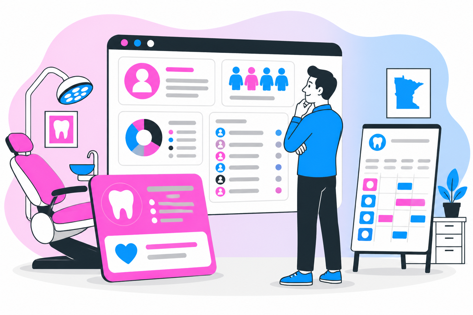 Illustration of dentist for uninsured minnesota — business owner reviewing a membership plan dashboard, header image for "How to Find a Quality Dentist for Uninsured Minnesota Residents"