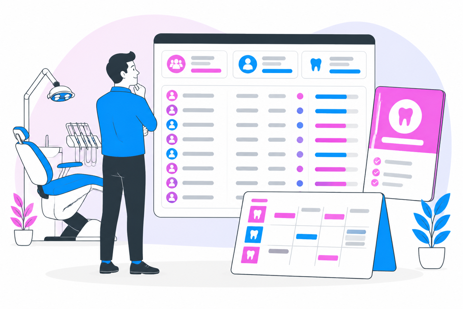 Illustration of dentist for uninsured mississippi — business owner reviewing a membership plan dashboard, header image for "Uninsured in MS? Find a Dentist for Uninsured Mississippi!"