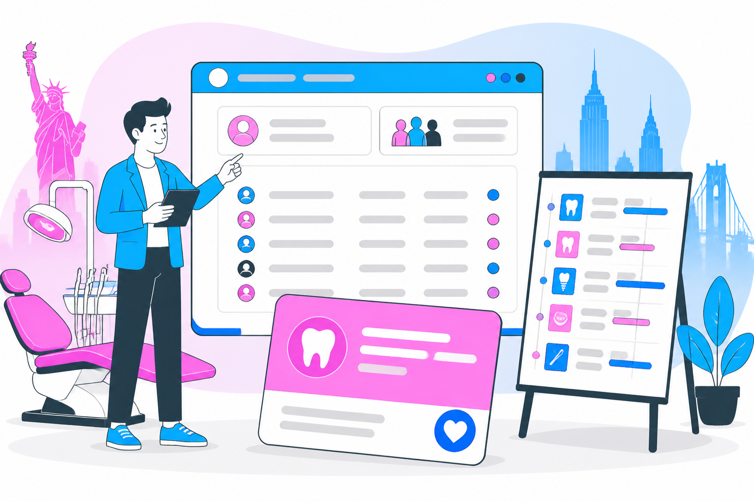 Illustration of dentist for uninsured new york — business owner reviewing a membership plan dashboard, header image for "Looking for a Dentist for Uninsured New York Residents? Here is Your Guide to Affordable Care"