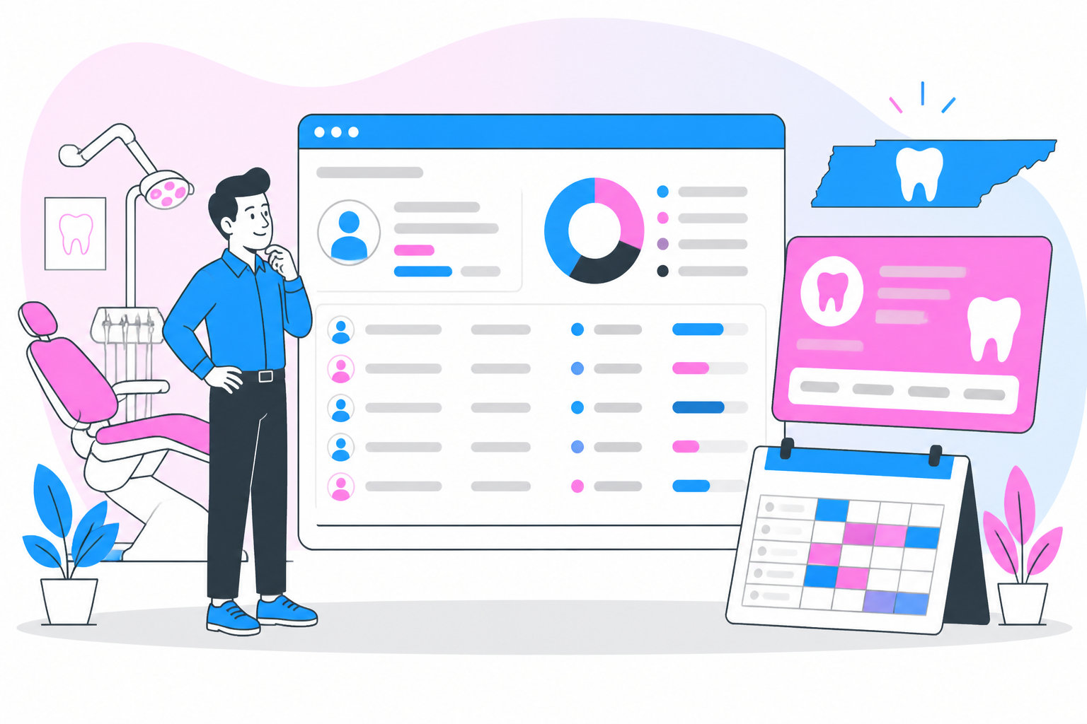 Illustration of dentist for uninsured tennessee — business owner reviewing a membership plan dashboard, header image for "Affordable Dentist for Uninsured Tennessee? YES!"