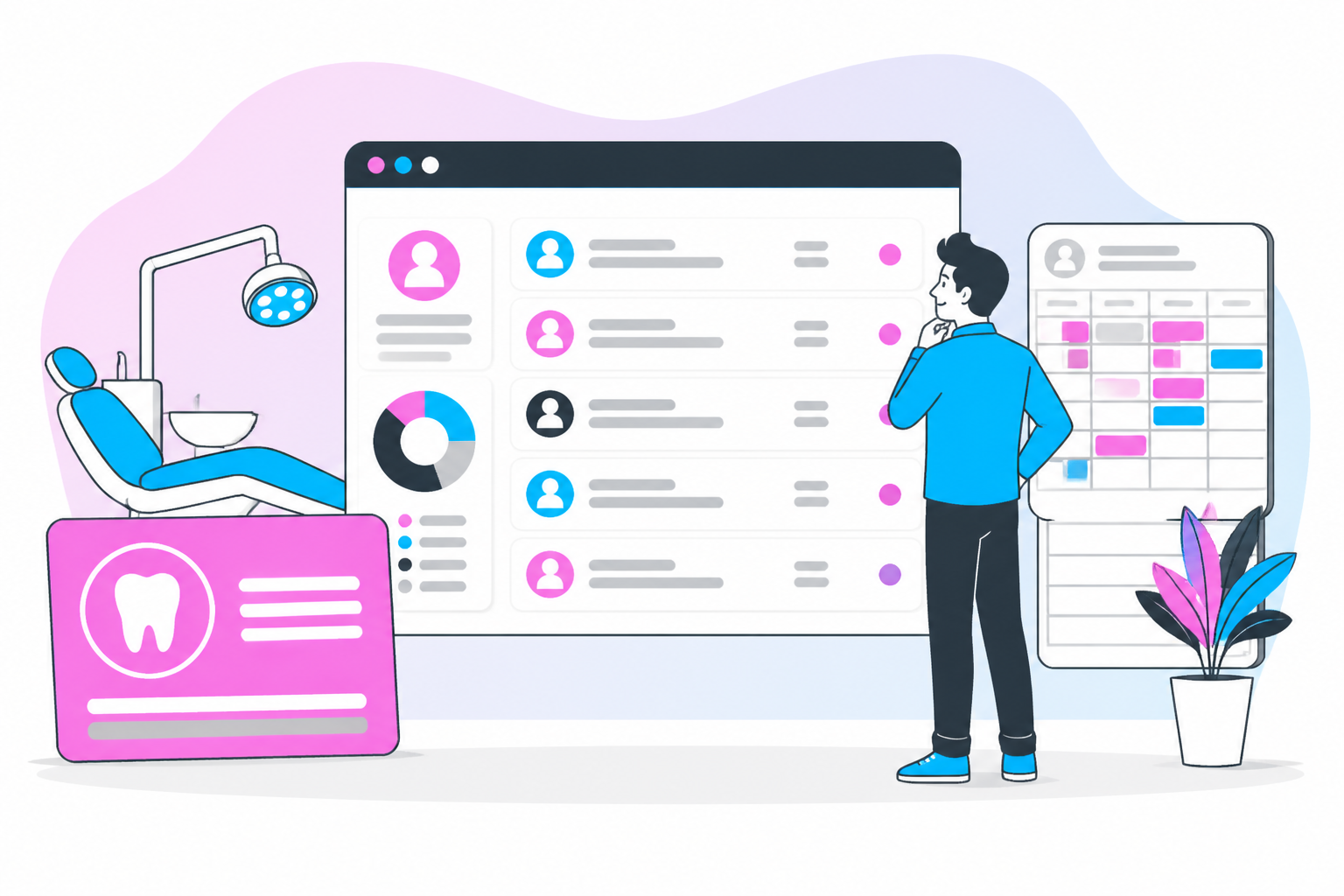 Illustration of dentist for uninsured texas — business owner reviewing a membership plan dashboard, header image for "Find a Dentist for Uninsured Texas Now!"