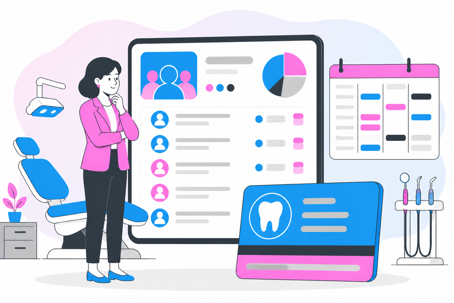 Illustration of dentist for uninsured washington — business owner reviewing a membership plan dashboard, header image for "How to Find a Quality Dentist for Uninsured Washington Residents"