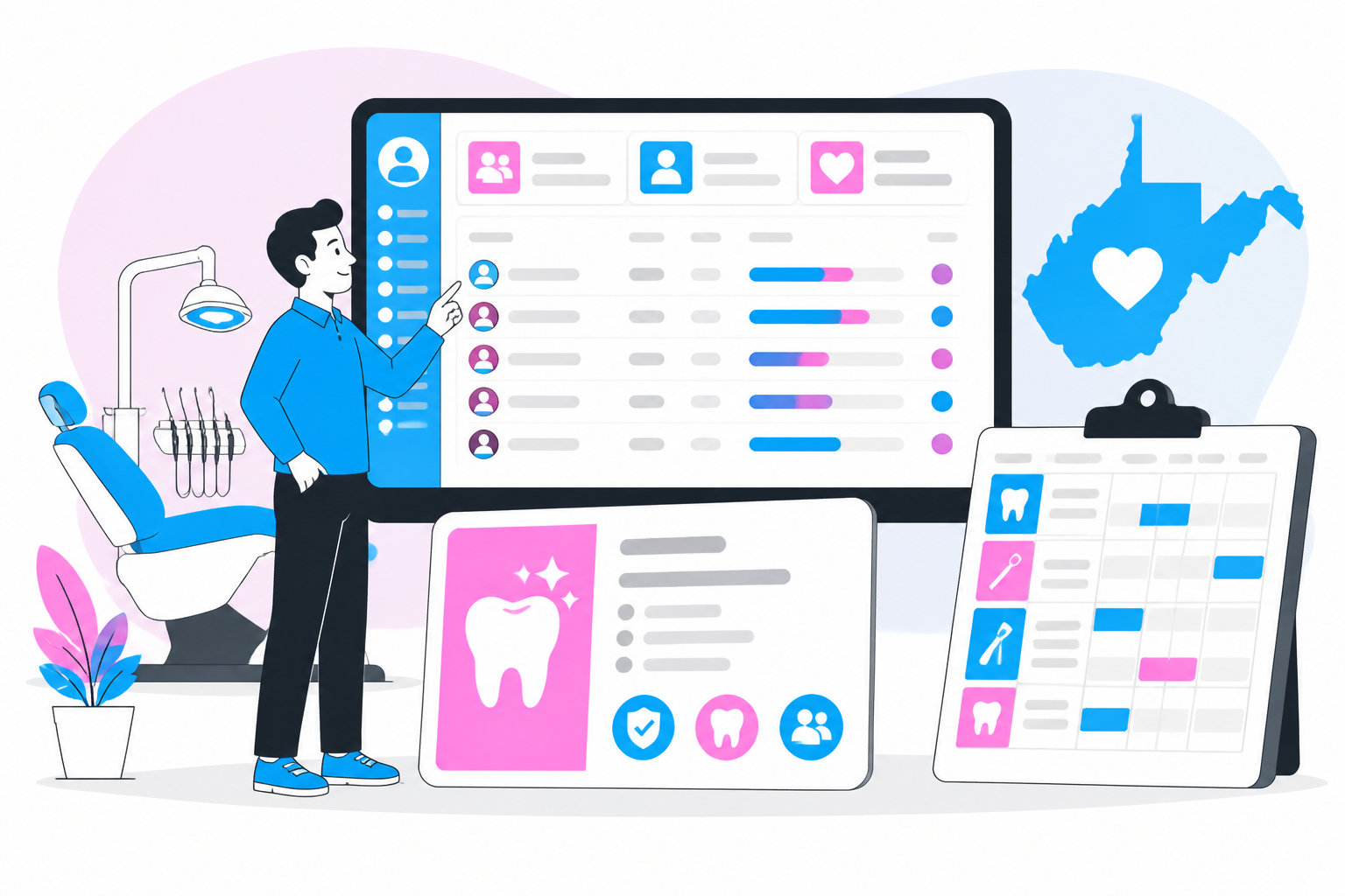 Illustration of dentist for uninsured west virginia — business owner reviewing a membership plan dashboard, header image for "Affordable Dentist for Uninsured West Virginia? YES!"