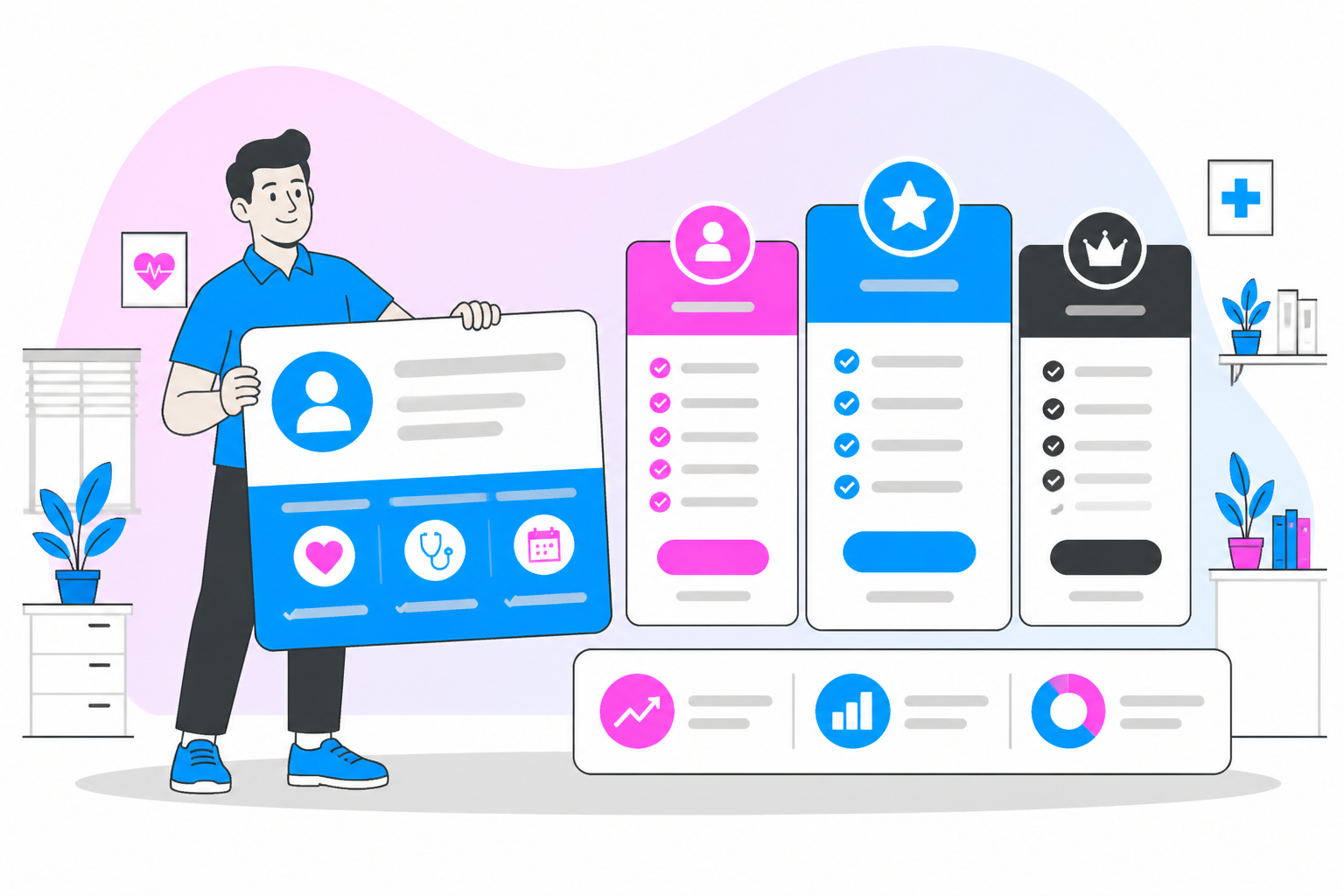 Illustration of direct primary care membership — practice owner reviewing a membership plan dashboard, header image for "Direct Primary Care Membership Playbook"