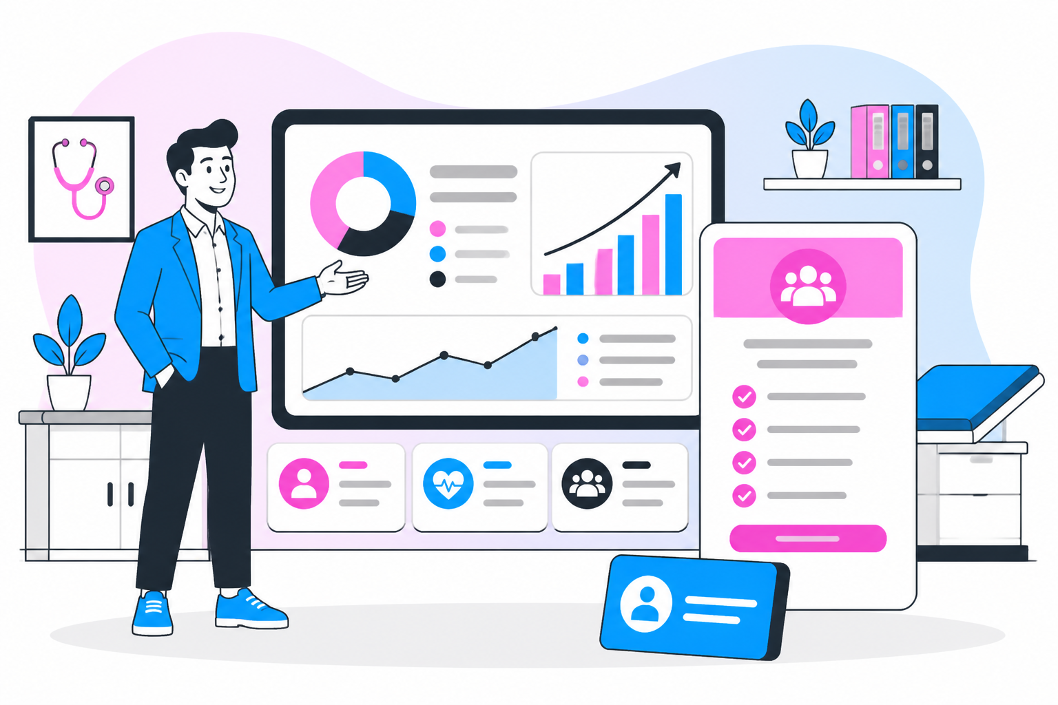 Illustration of direct primary care membership pricing — practice owner reviewing a membership plan dashboard, header image for "How to Price a Direct Primary Care Membership"