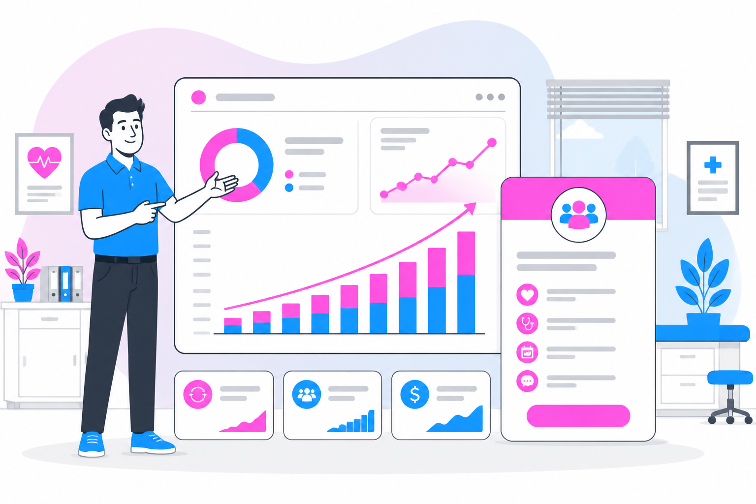 Illustration of direct primary care pricing models — practice owner reviewing a membership plan dashboard, header image for "Direct Primary Care Pricing Models: How to Set Fees That Scale"
