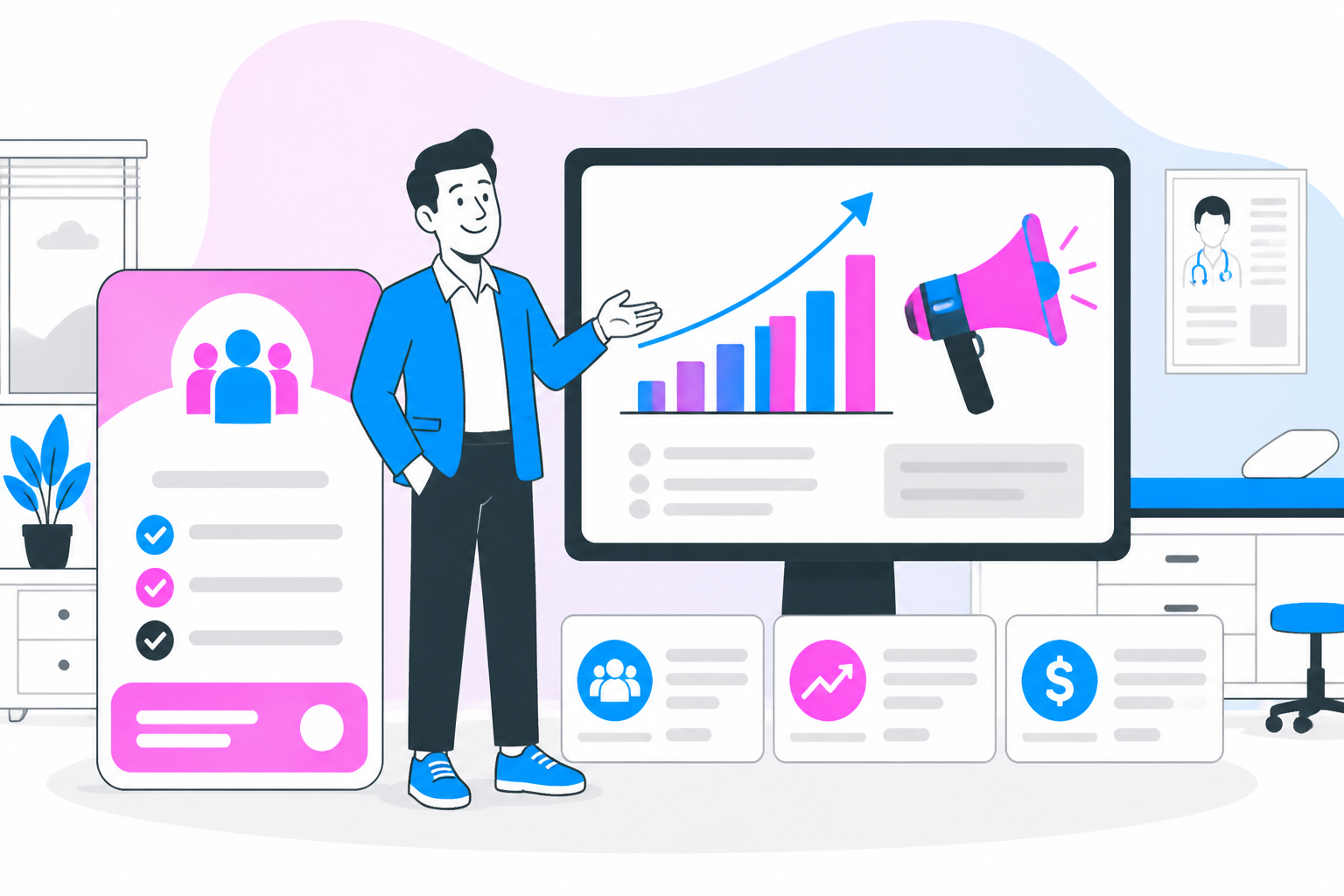 Illustration of dpc employer group plans — practice owner reviewing a membership plan dashboard, header image for "Employer Group Plans: The Fastest Way to Fill a DPC Panel"