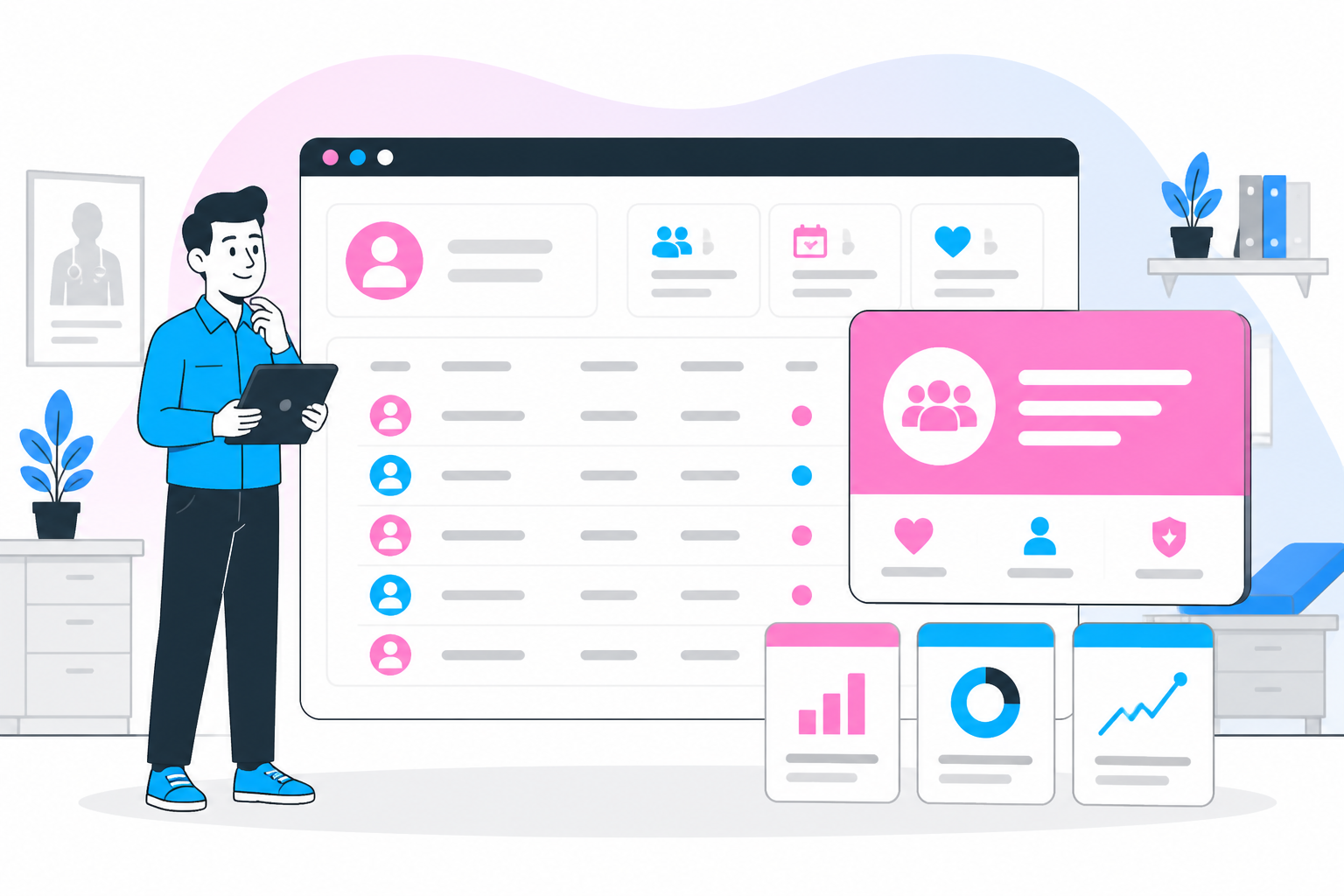 Illustration of dpc patient enrollment — practice owner reviewing a membership plan dashboard, header image for "How to Enroll DPC Patients Online (Without Paper Forms)"