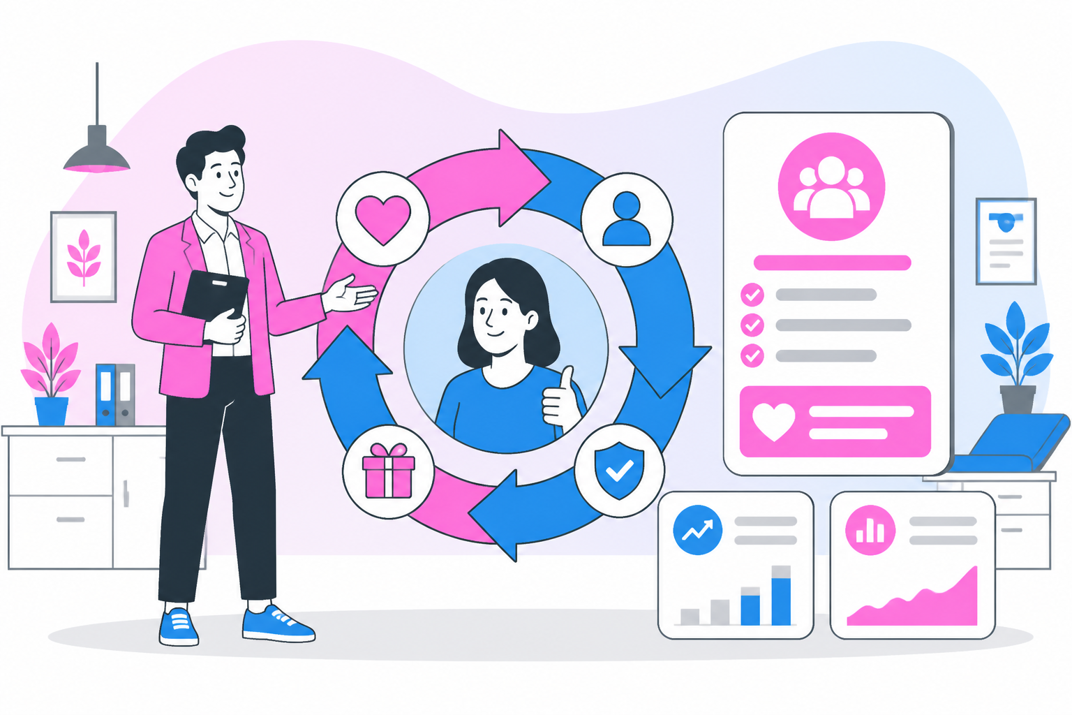 Illustration of dpc patient retention — practice owner reviewing a membership plan dashboard, header image for "DPC Patient Retention: How to Keep Members Past Year One"