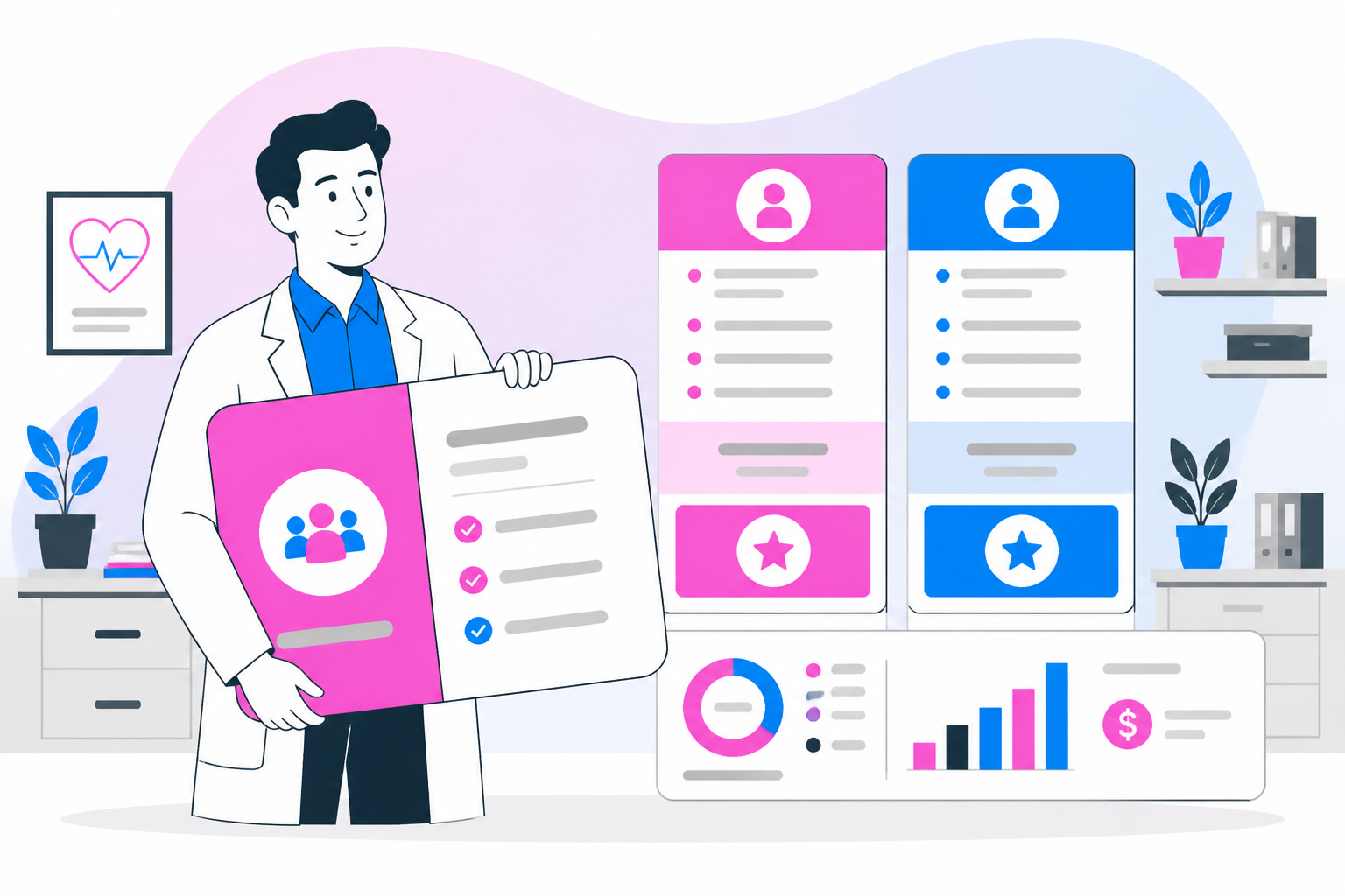 Illustration of dpc vs concierge — practice owner reviewing a membership plan dashboard, header image for "DPC vs Concierge Medicine: Two Membership Models, One Billing Engine"