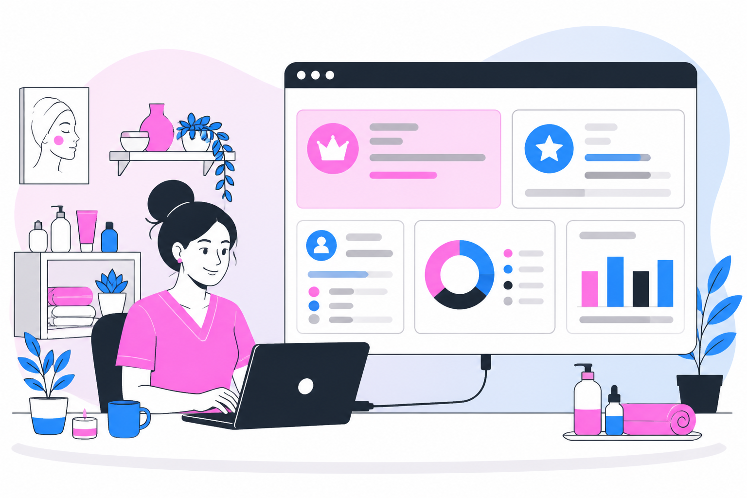 Illustration of esthetician software — med spa owner reviewing a membership plan dashboard, header image for "Esthetician Software: What Solo Skincare Pros Actually Need"