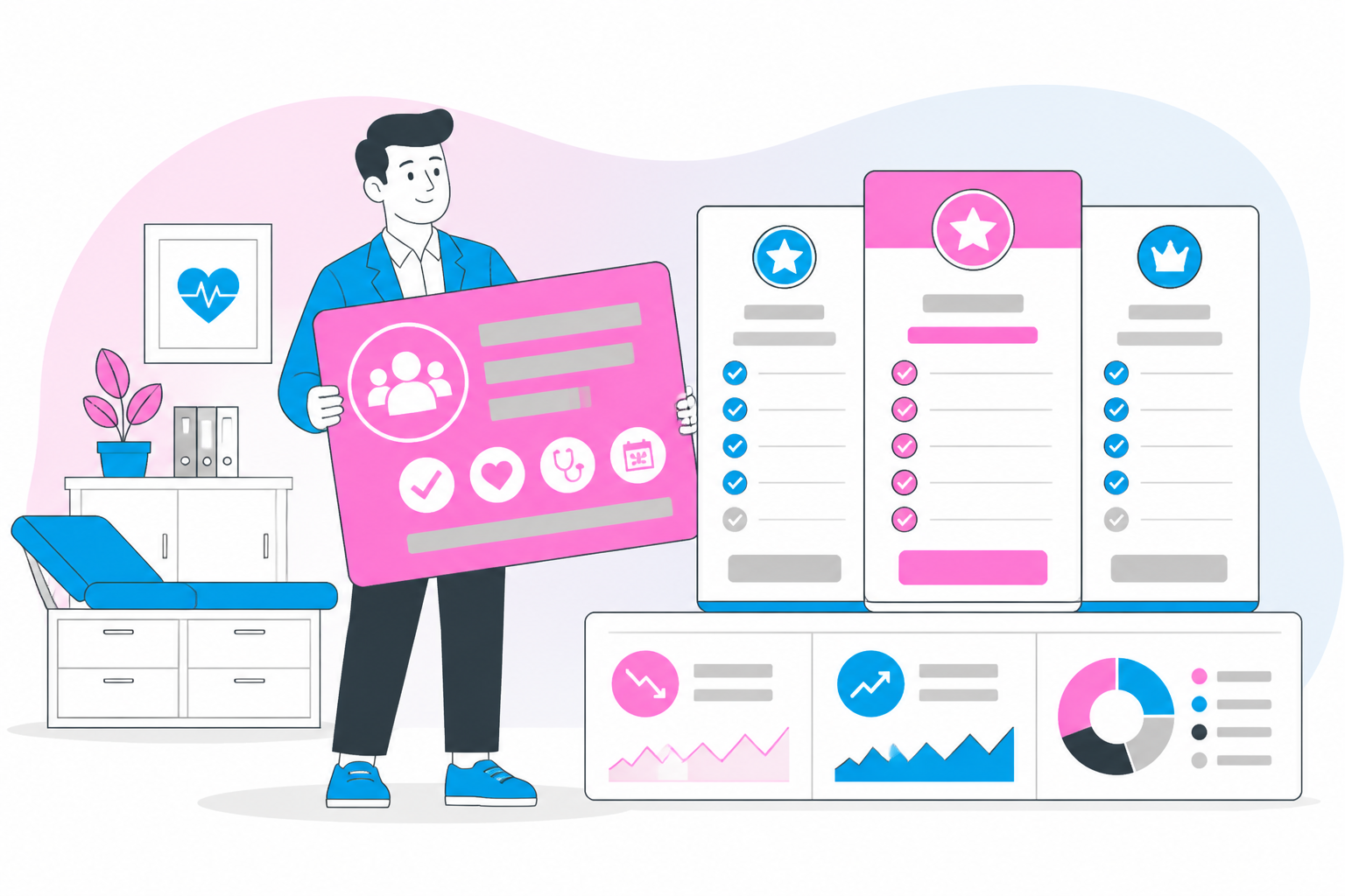 Illustration of failed membership payments — practice owner reviewing a membership plan dashboard, header image for "Failed Membership Payments: The Silent DPC Panel Killer"