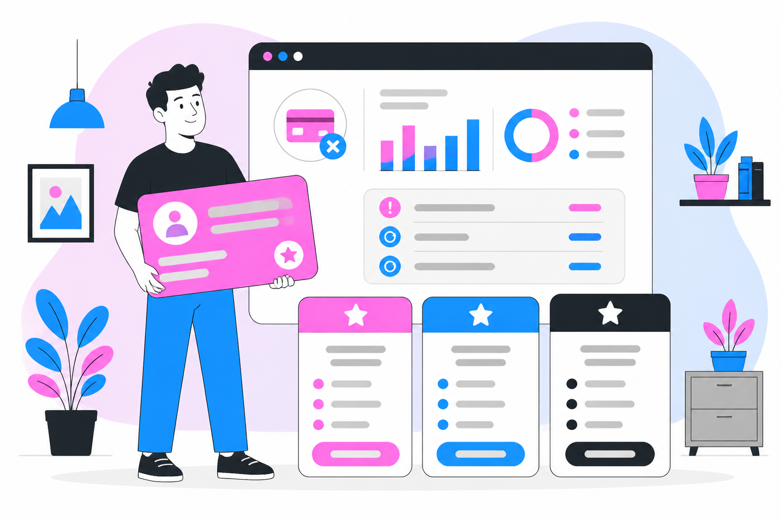 Illustration of failed payment recovery studios — studio owner reviewing a membership plan dashboard, header image for "Failed Payment Recovery for Studios: Stop Losing Members to Declined Cards"