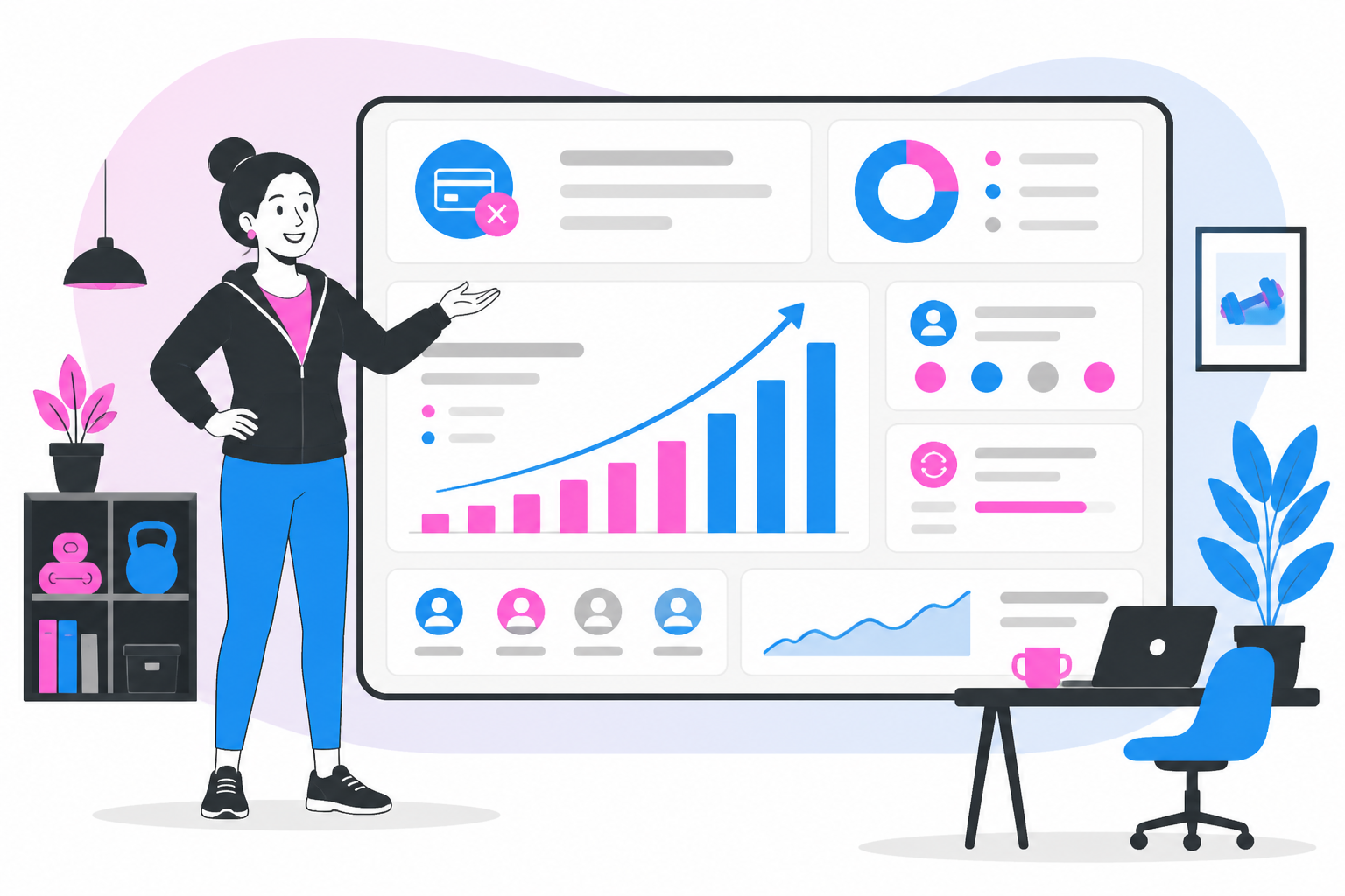 Illustration of failed payments gym — studio owner reviewing a membership plan dashboard, header image for "Failed Payments at Gyms: Recovering Revenue Without Awkward Front-Desk Calls"