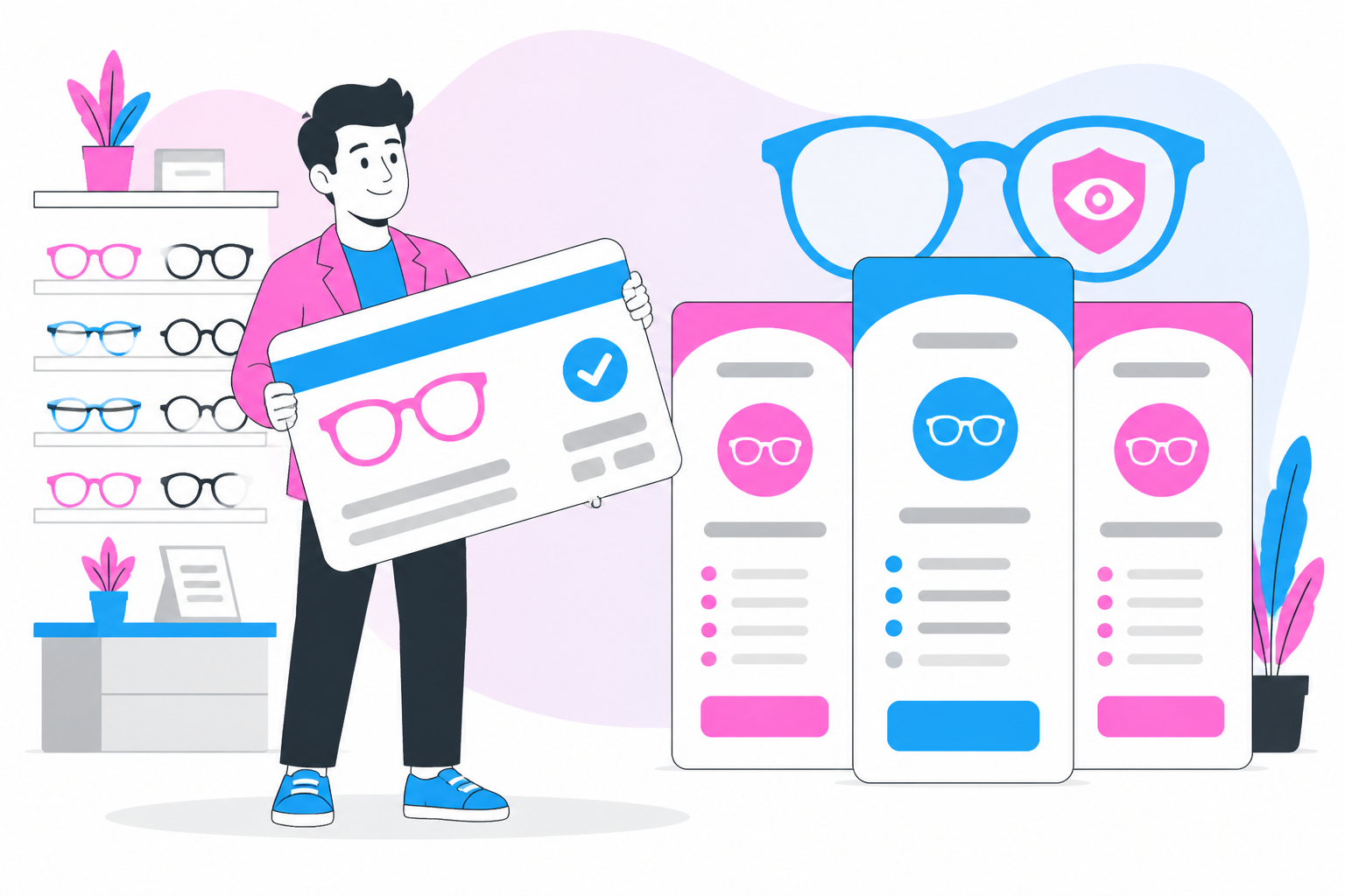 Illustration of failed payments membership billing — practice owner reviewing a membership plan dashboard, header image for "Recovering Failed Payments on Vision Plan Memberships"