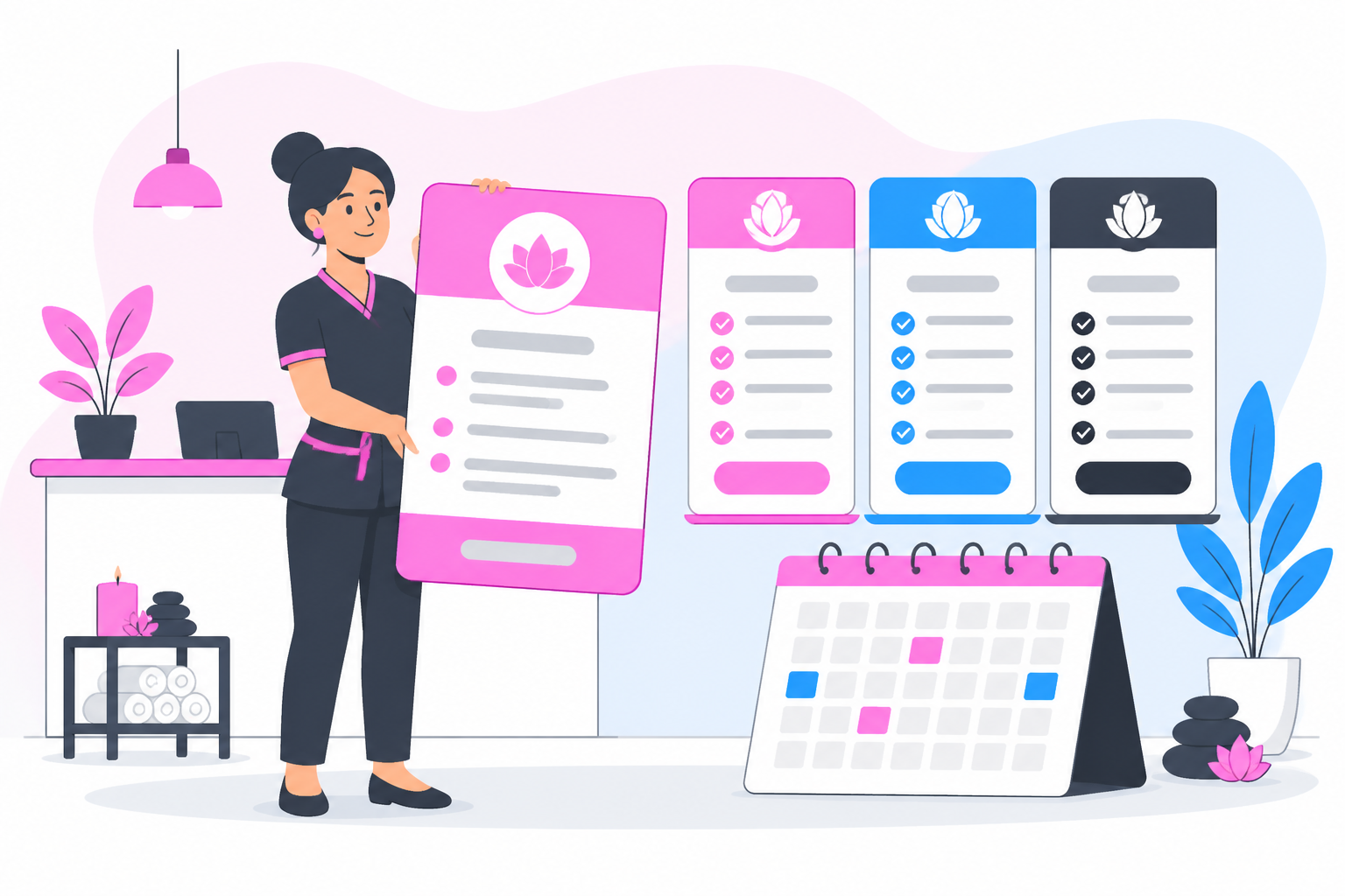 Illustration of fill slow weeks spa — spa owner reviewing a membership plan dashboard, header image for "Filling Slow Weeks at Your Spa With Memberships"