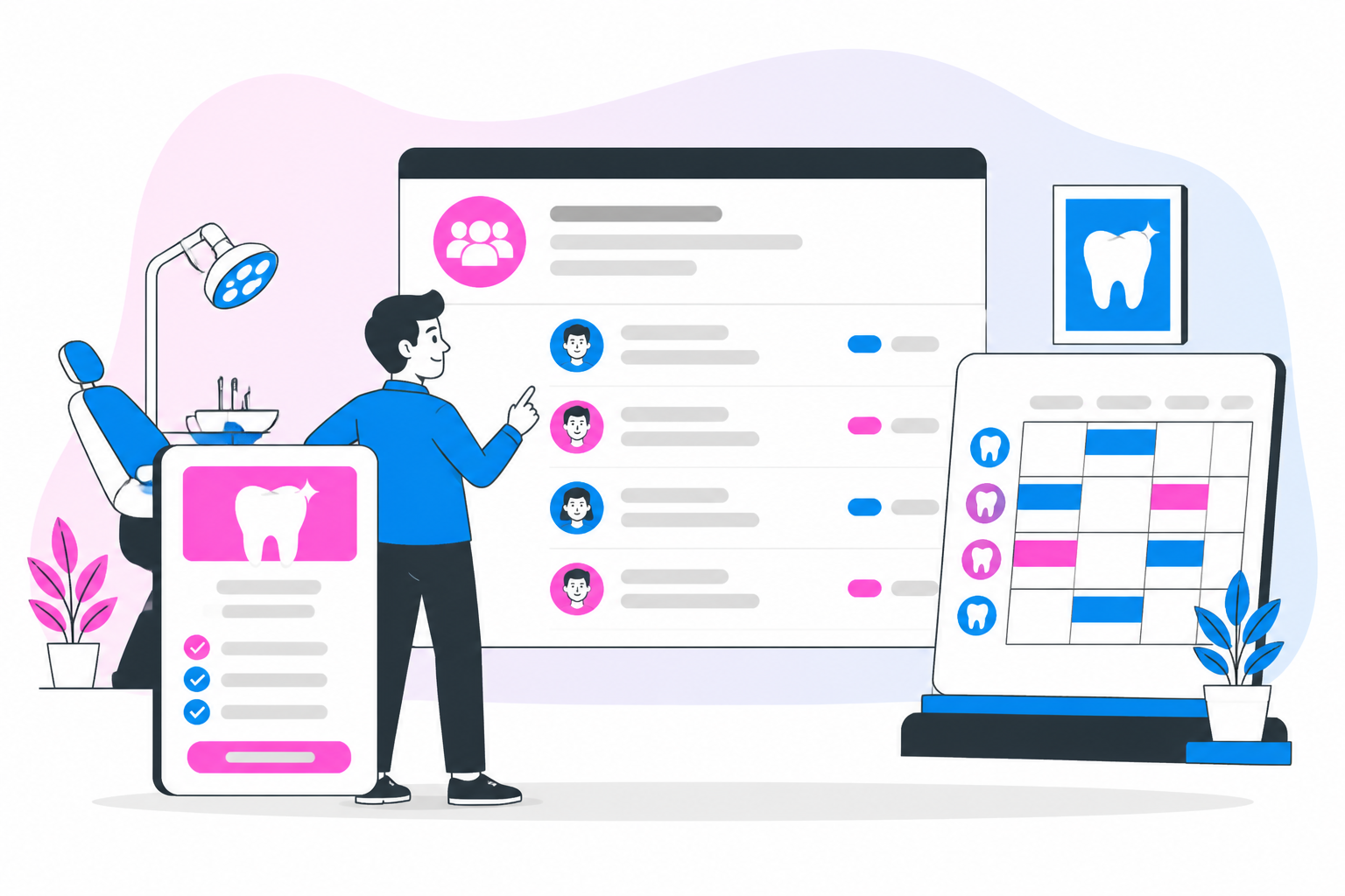 Illustration of free sign up — business owner reviewing a membership plan dashboard, header image for "Free Sign up"