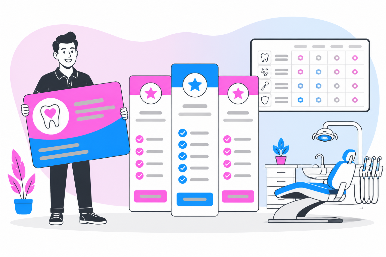Illustration of growing an in-house dental membership plan — business owner reviewing a membership plan dashboard, header image for "The Ultimate Guide to Growing an In-House Dental Membership Plan"