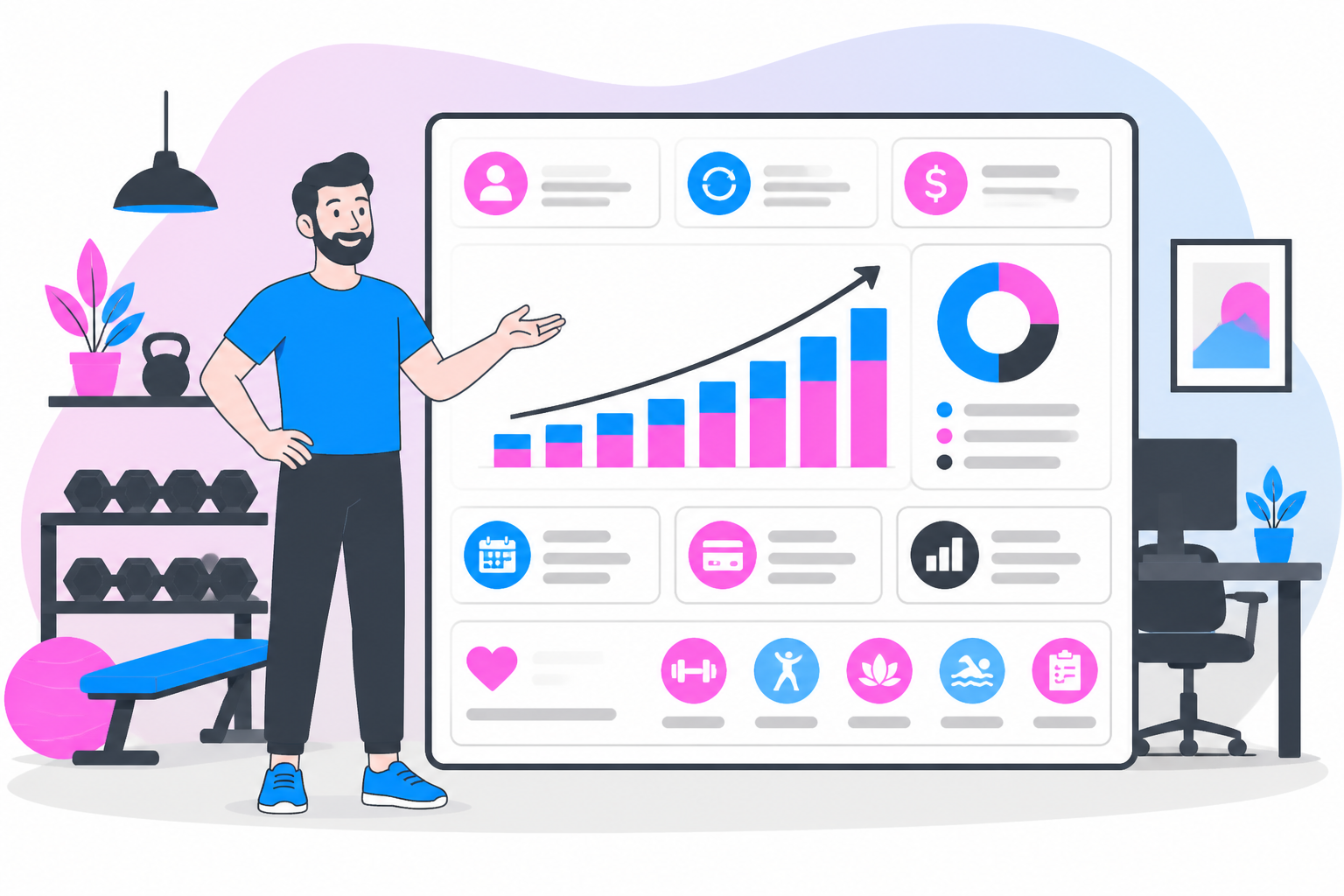 Illustration of gym cash flow stability — studio owner reviewing a membership plan dashboard, header image for "Cash-Flow Stability for Gyms: Recurring Revenue Beyond New-Member Promos"