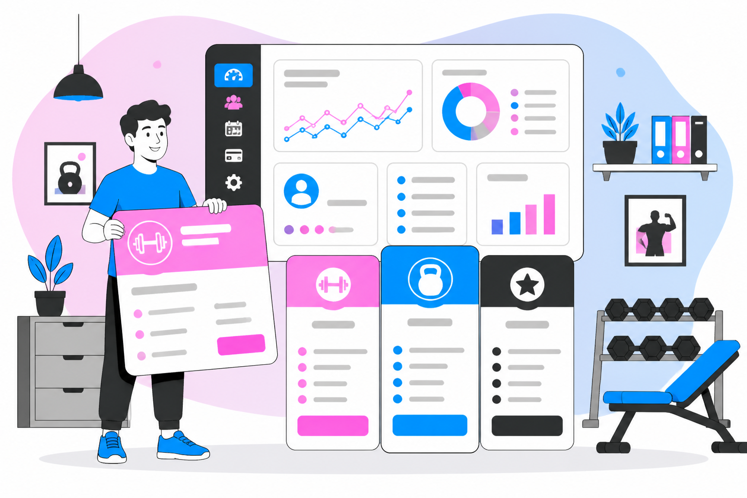 Illustration of gym management software — studio owner reviewing a membership plan dashboard, header image for "Independent Gym Billing & Membership Guide"