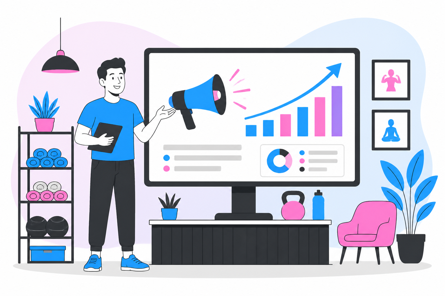 Illustration of gym membership marketing — studio owner reviewing a membership plan dashboard, header image for "Gym Membership Marketing: How to Sell More Monthly Plans"
