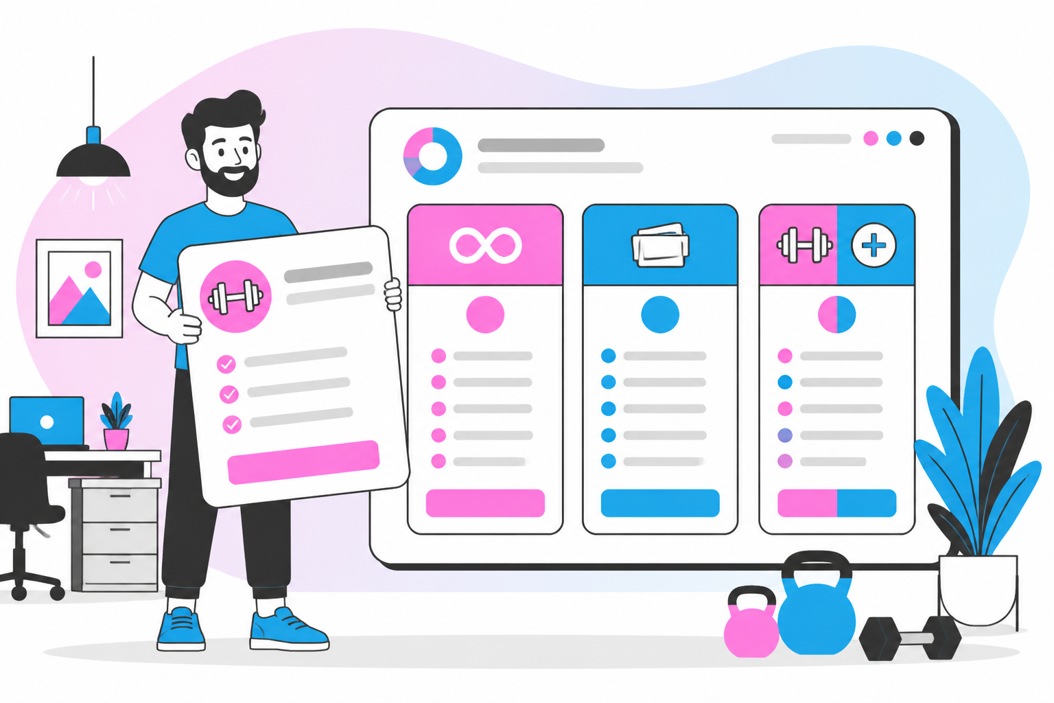 Illustration of gym membership models — studio owner reviewing a membership plan dashboard, header image for "Gym Membership Models: Unlimited, Class Packs, and Hybrid Tiers"
