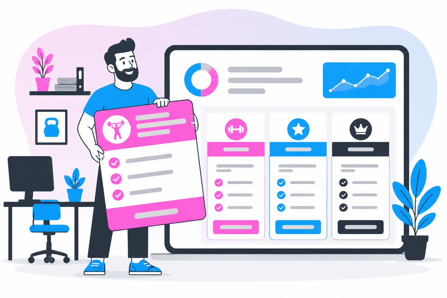 Illustration of gym membership program — studio owner reviewing a membership plan dashboard, header image for "Gym Membership Program Playbook"