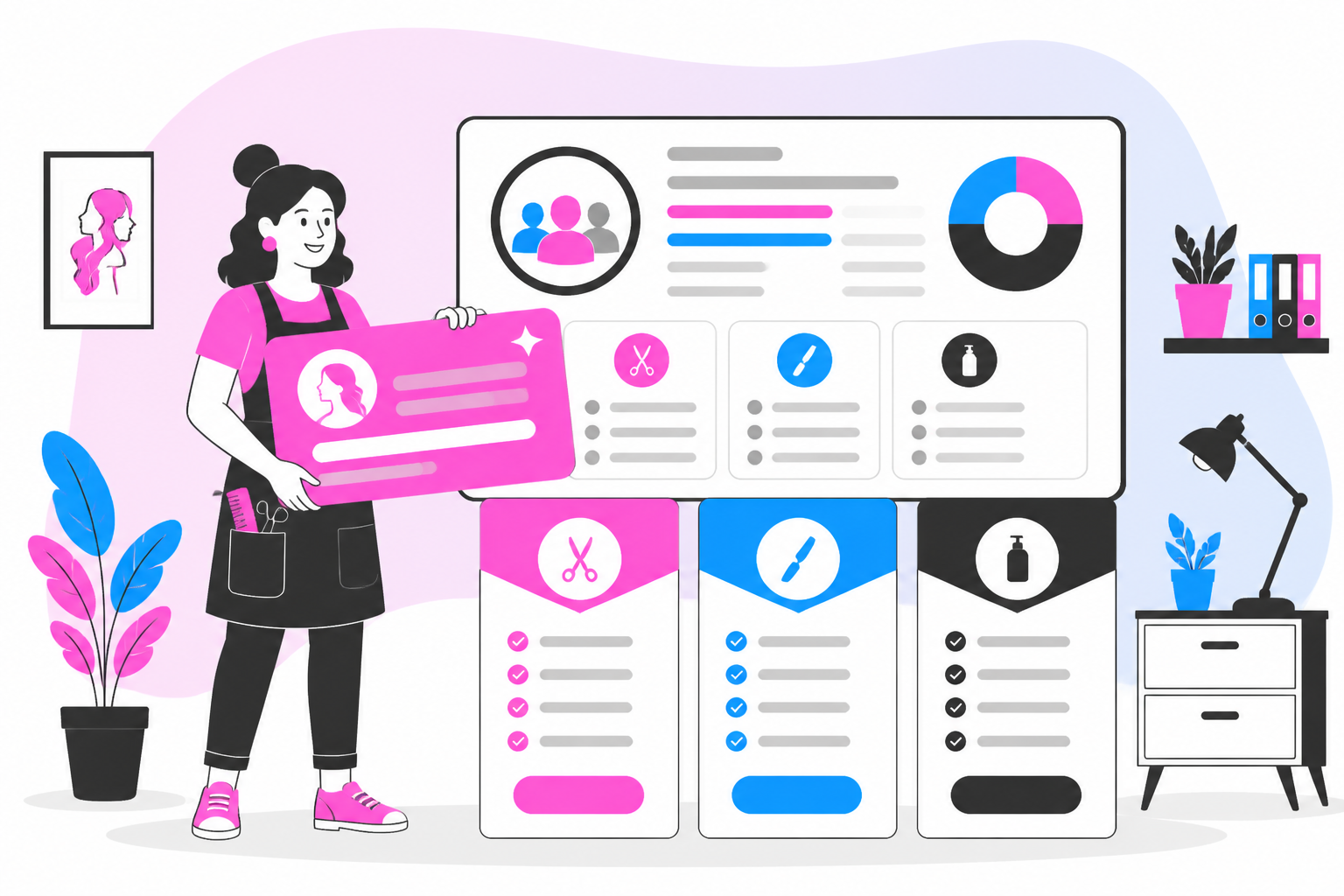 Illustration of hair salon membership ideas — salon owner reviewing a membership plan dashboard, header image for "Hair Salon Membership Ideas: Cut Clubs, Color Clubs, and What to Charge"