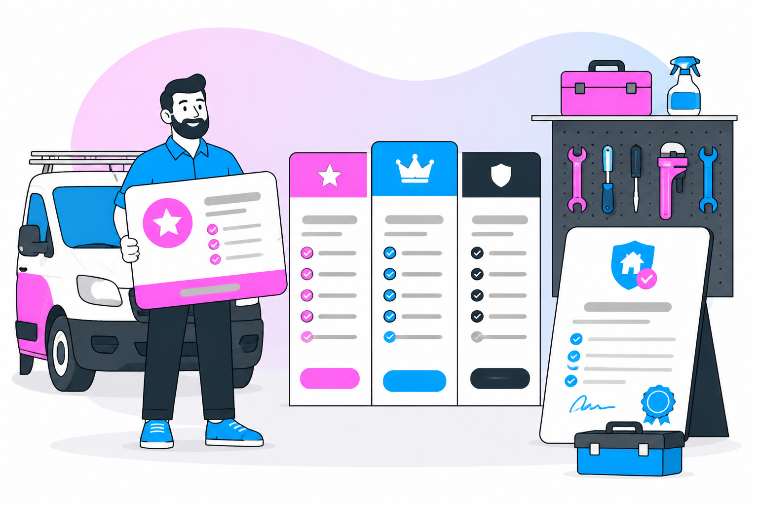 Illustration of home service customer retention — service company owner reviewing a membership plan dashboard, header image for "Home Service Customer Retention: Keeping Members Past Year One"