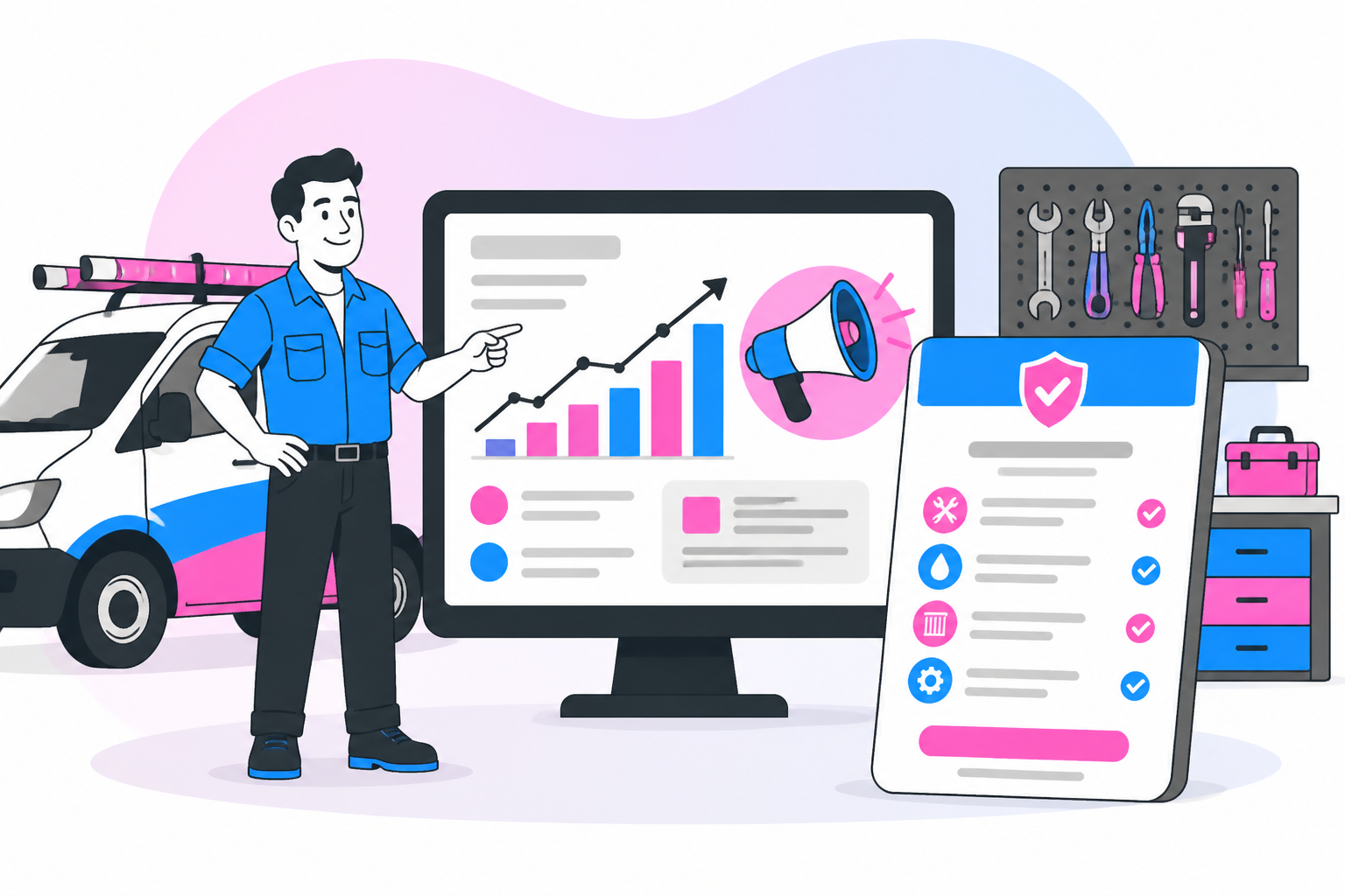 Illustration of home service membership marketing — service company owner reviewing a membership plan dashboard, header image for "Home Service Membership Marketing That Actually Fills Your Plan"