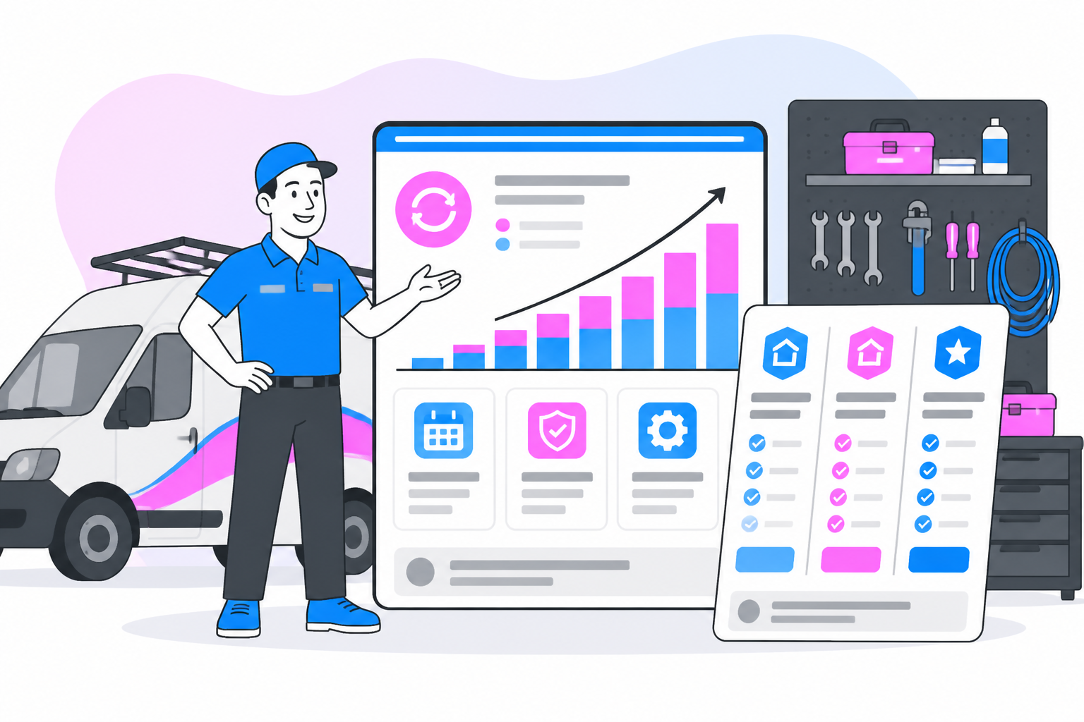 Illustration of home service membership pricing — service company owner reviewing a membership plan dashboard, header image for "Home Service Membership Pricing: How to Set Tiers That Sell"