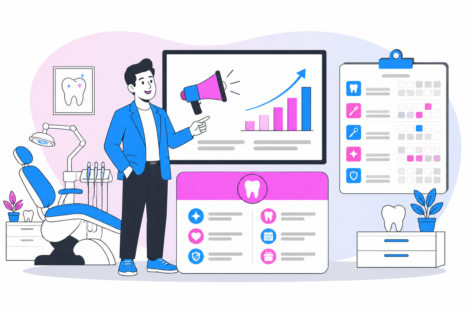 Illustration of how dentists create membership plans — business owner reviewing a membership plan dashboard, header image for "Unlock Growth: How Dentists Create Membership Plans"