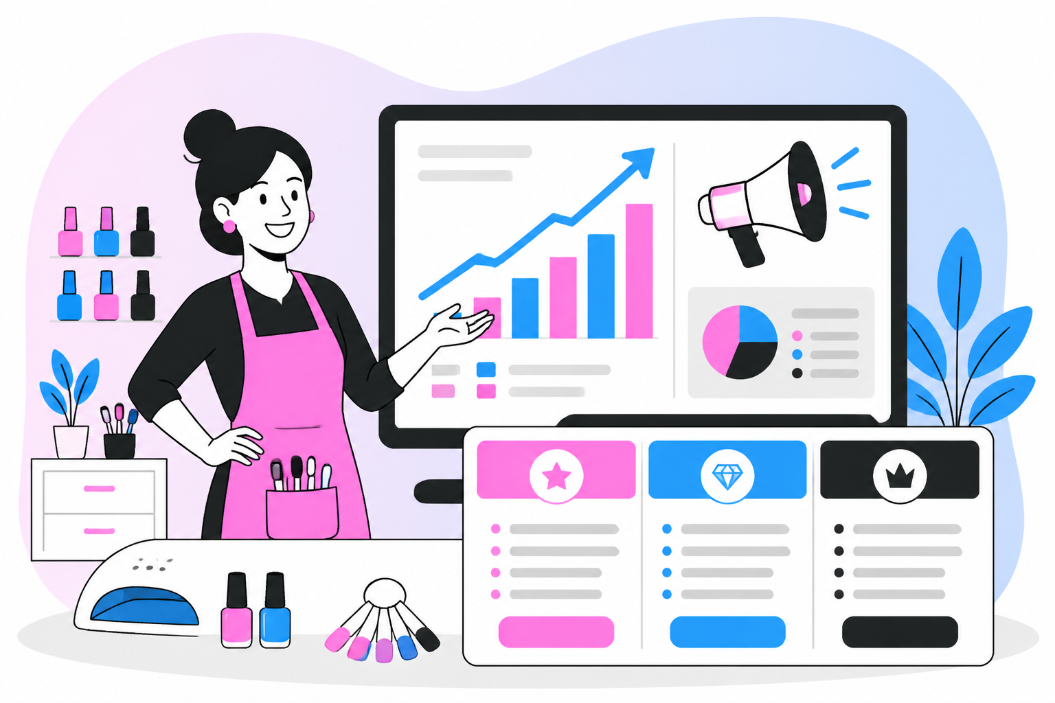 Illustration of how much do nail salons make — nail salon owner reviewing a membership plan dashboard, header image for "How Much Do Nail Salons Make? A Realistic Revenue Breakdown"